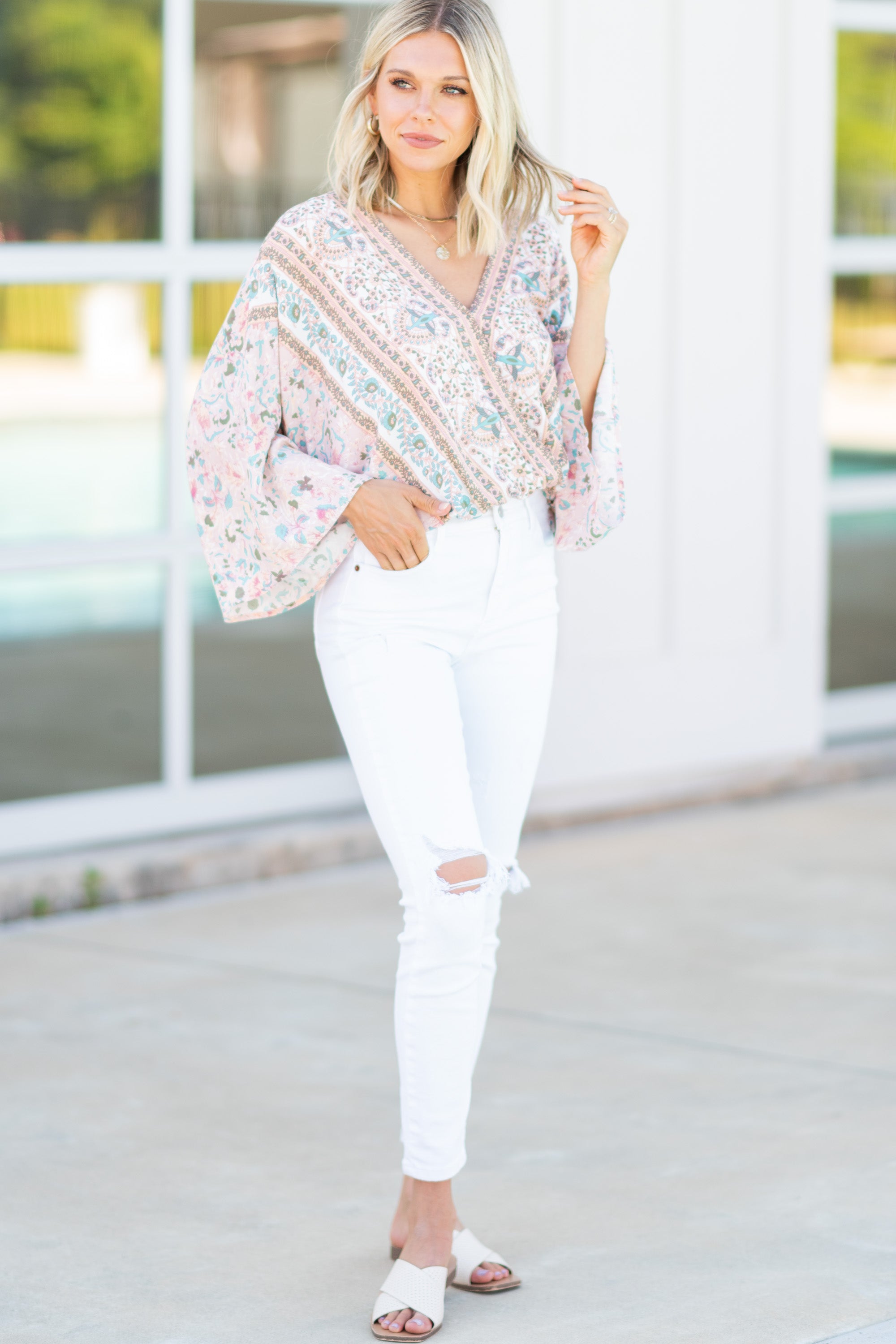 Gorgeous Feeling Renewed Blush Pink Mixed Floral Print Bodysuit