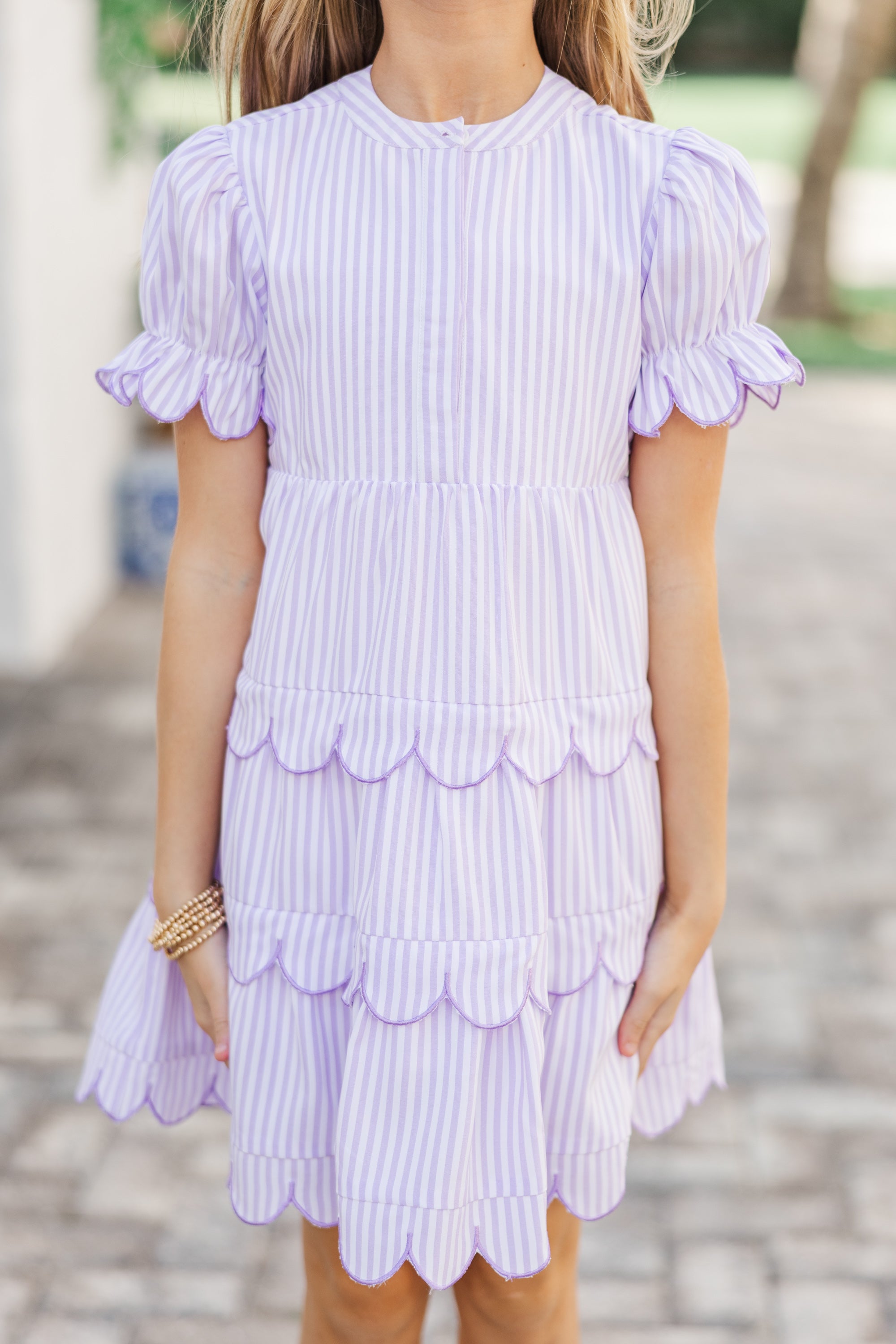 Girls' Enchanting Lavender Striped Dress: A Perfect Match!
