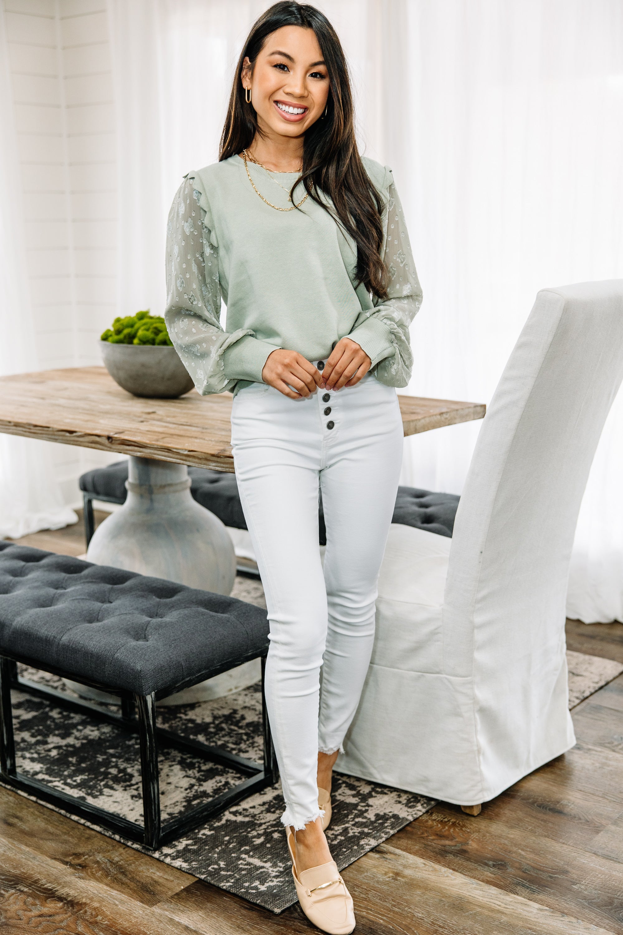Enchanting Happy Heart Sage Green Lace Sleeve Sweater