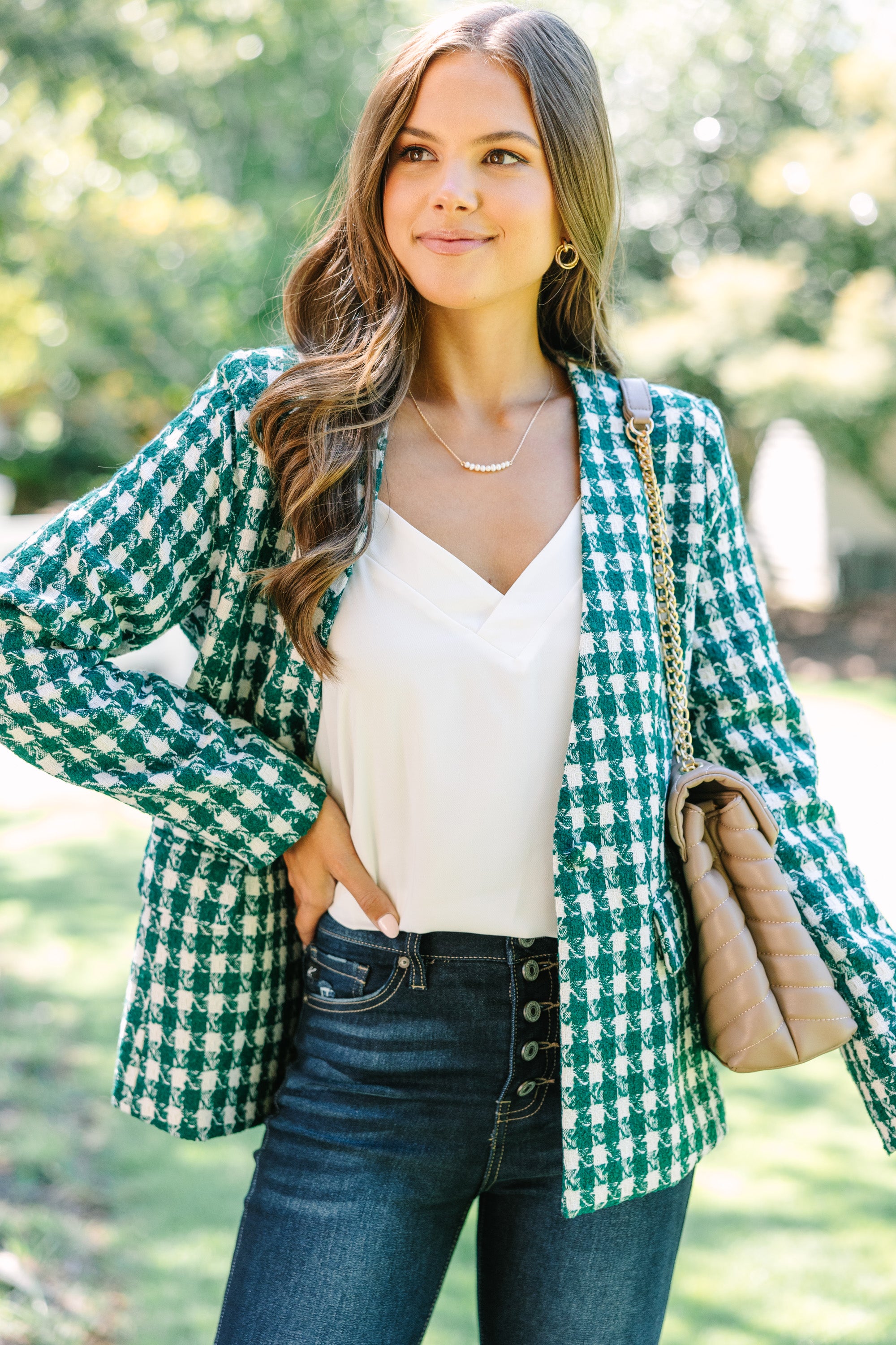 Gorgeous All In A Day Hunter Green Houndstooth Jacket - A Must-Have!