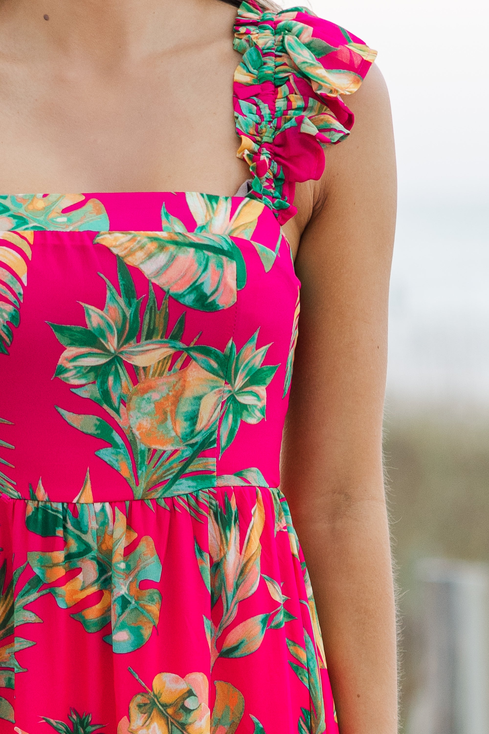 Stunning Fuchsia Pink Tropical Maxi Dress - Enjoy the Summer Views!