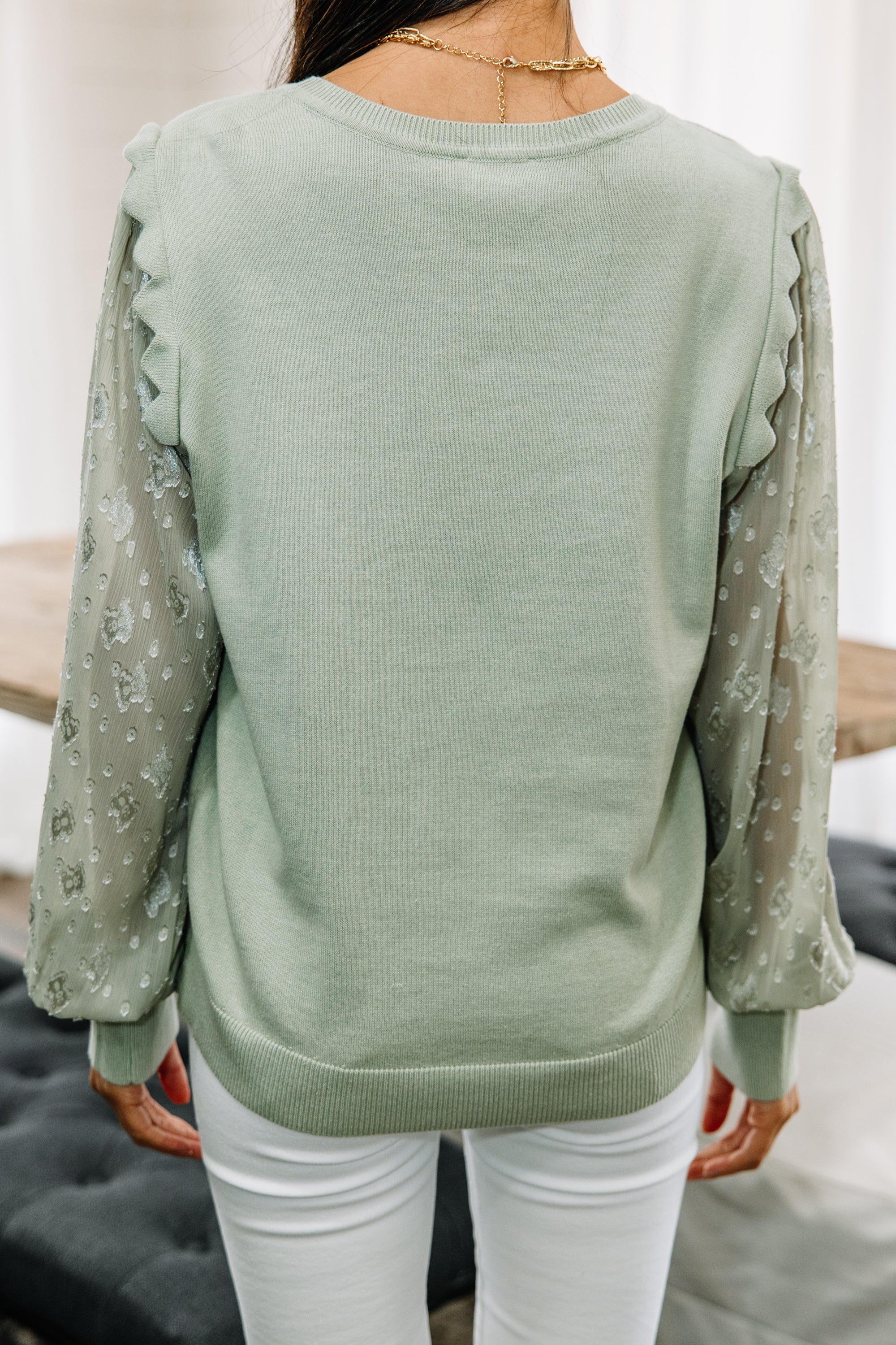 Enchanting Happy Heart Sage Green Lace Sleeve Sweater