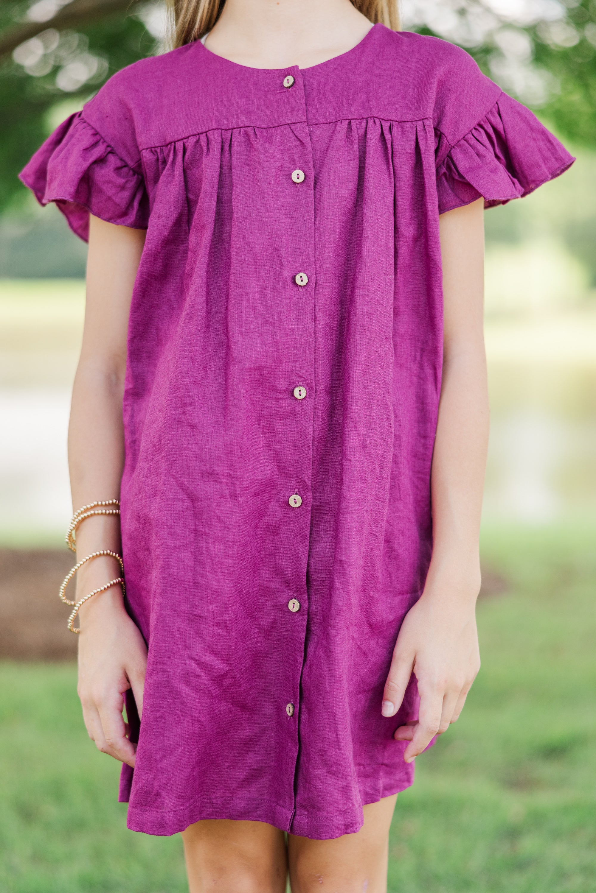 Girls' Magenta Purple Linen 'See You Soon' Dress - Irresistible Style!