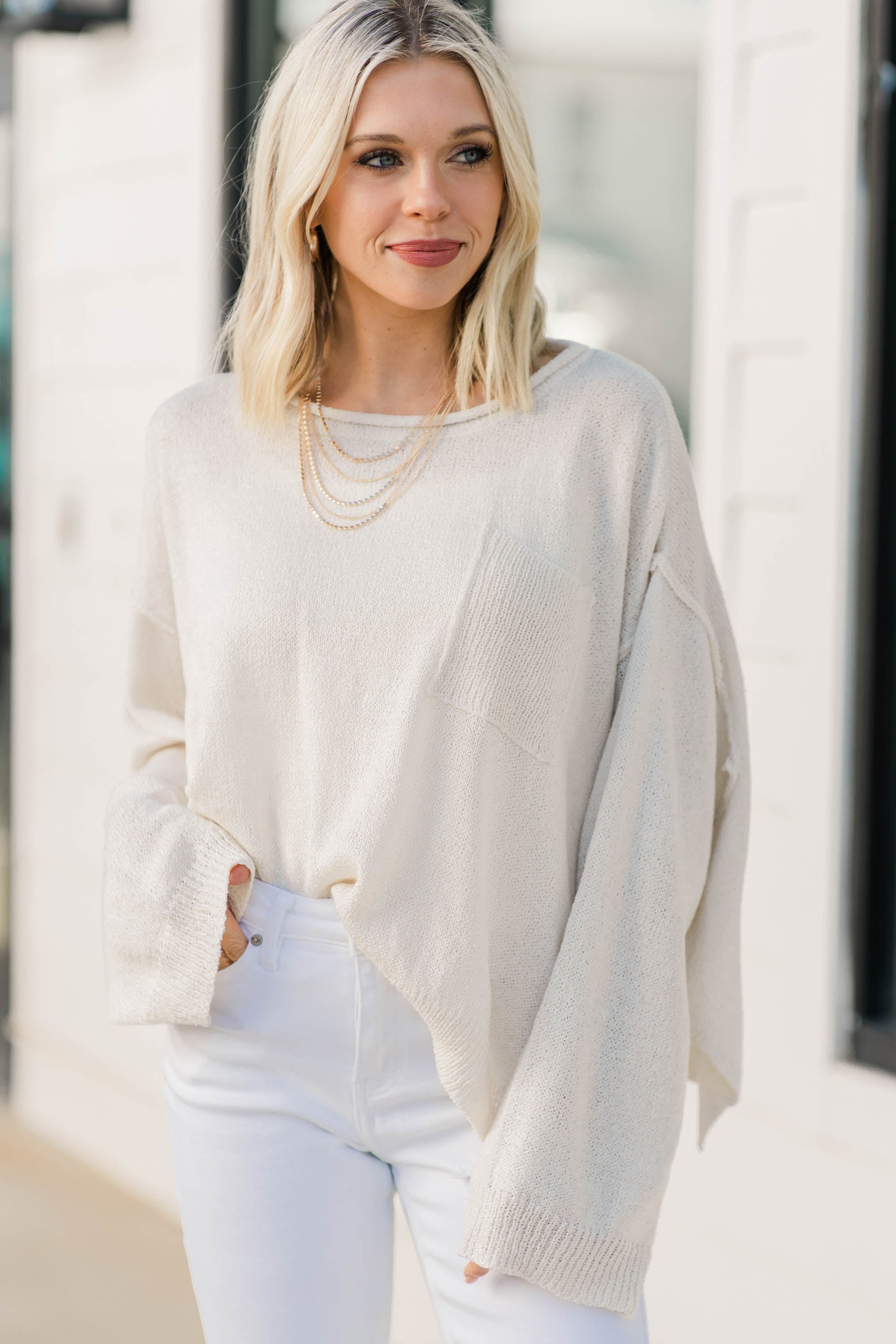 Charming Ivory White Bell Sleeve Truth-Facing Sweater