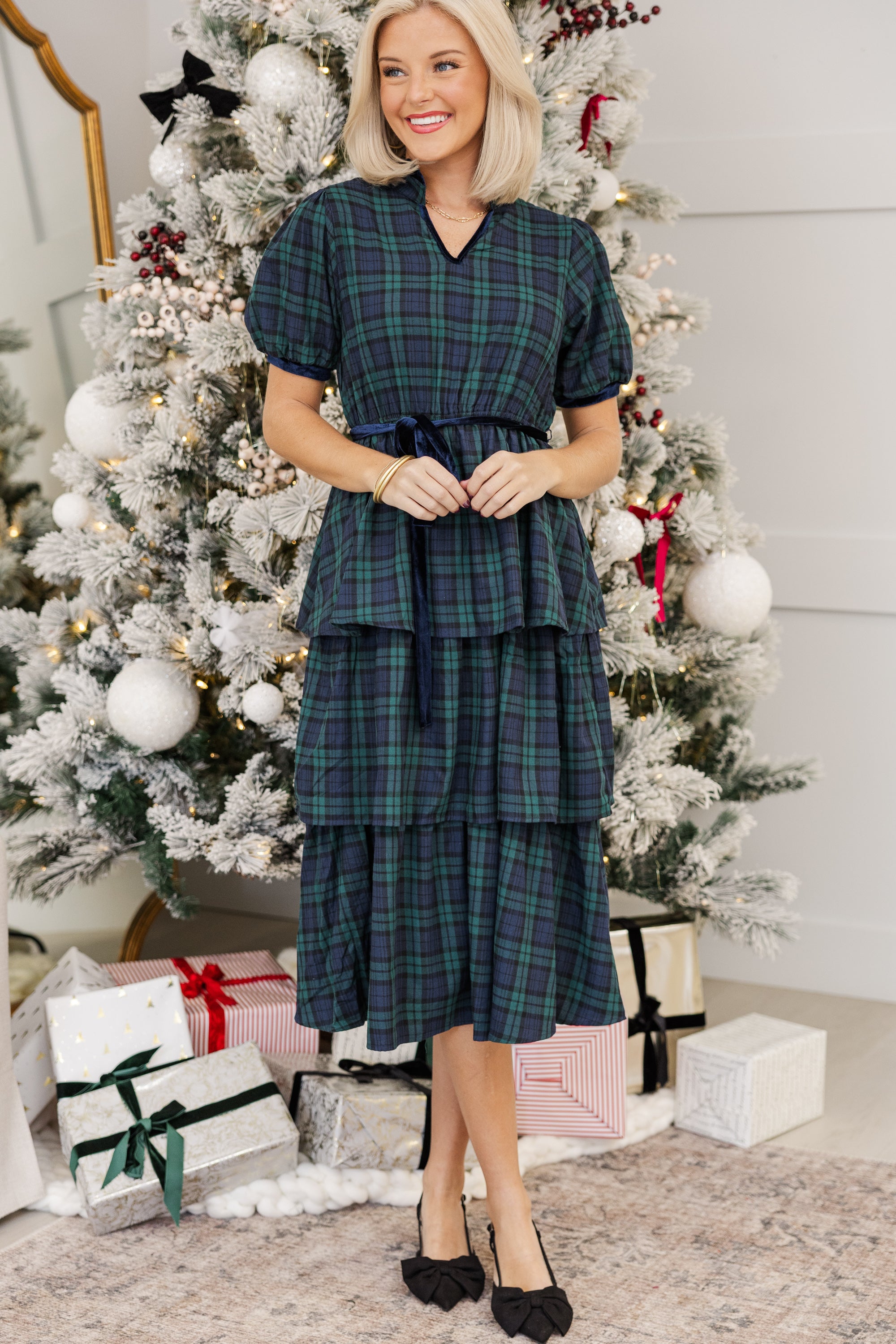 Joyful Green Tartan Plaid Midi Dress: Feel the Euphoria!