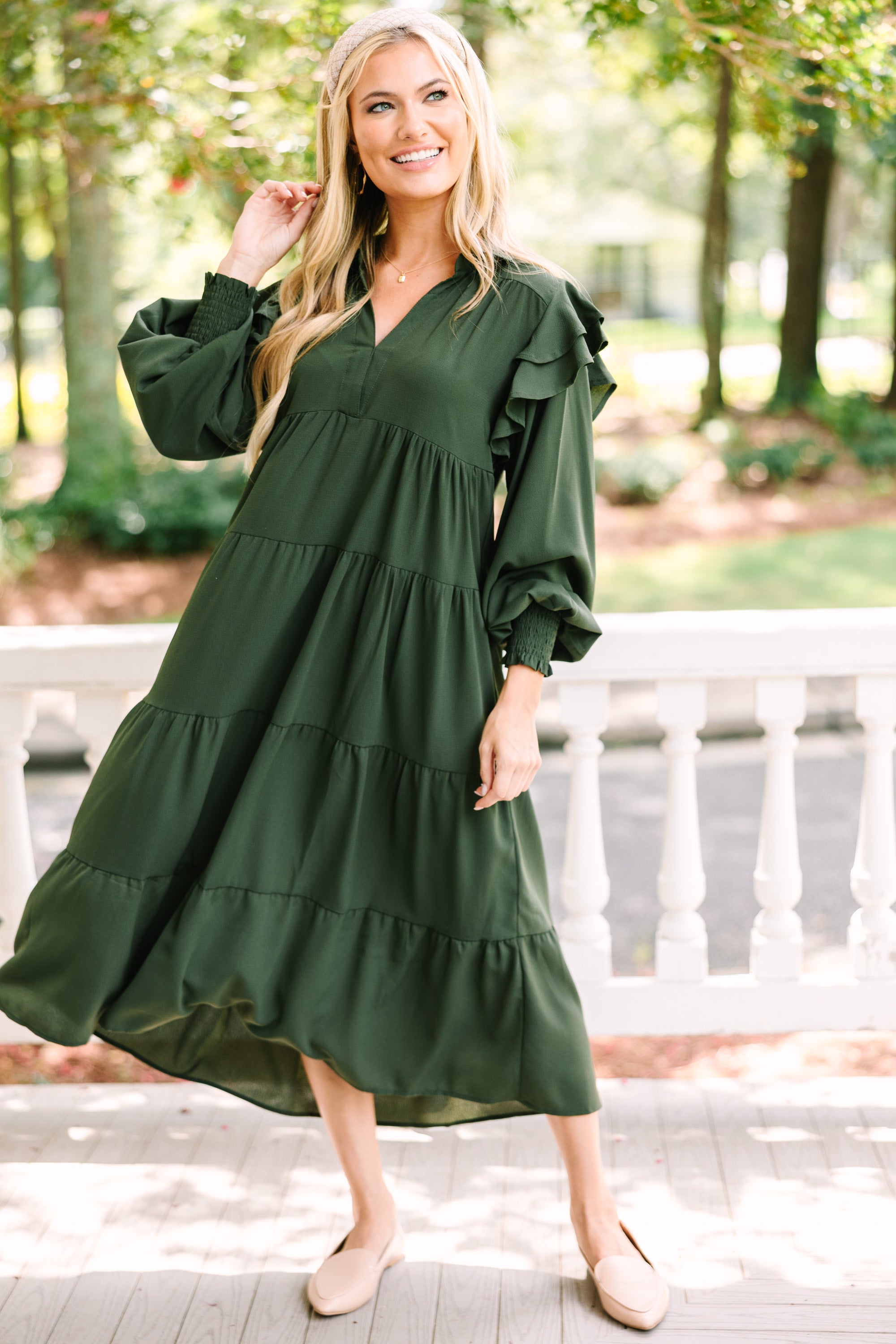 Olive Green Ruffled Midi Dress: Feel the Fun Now!