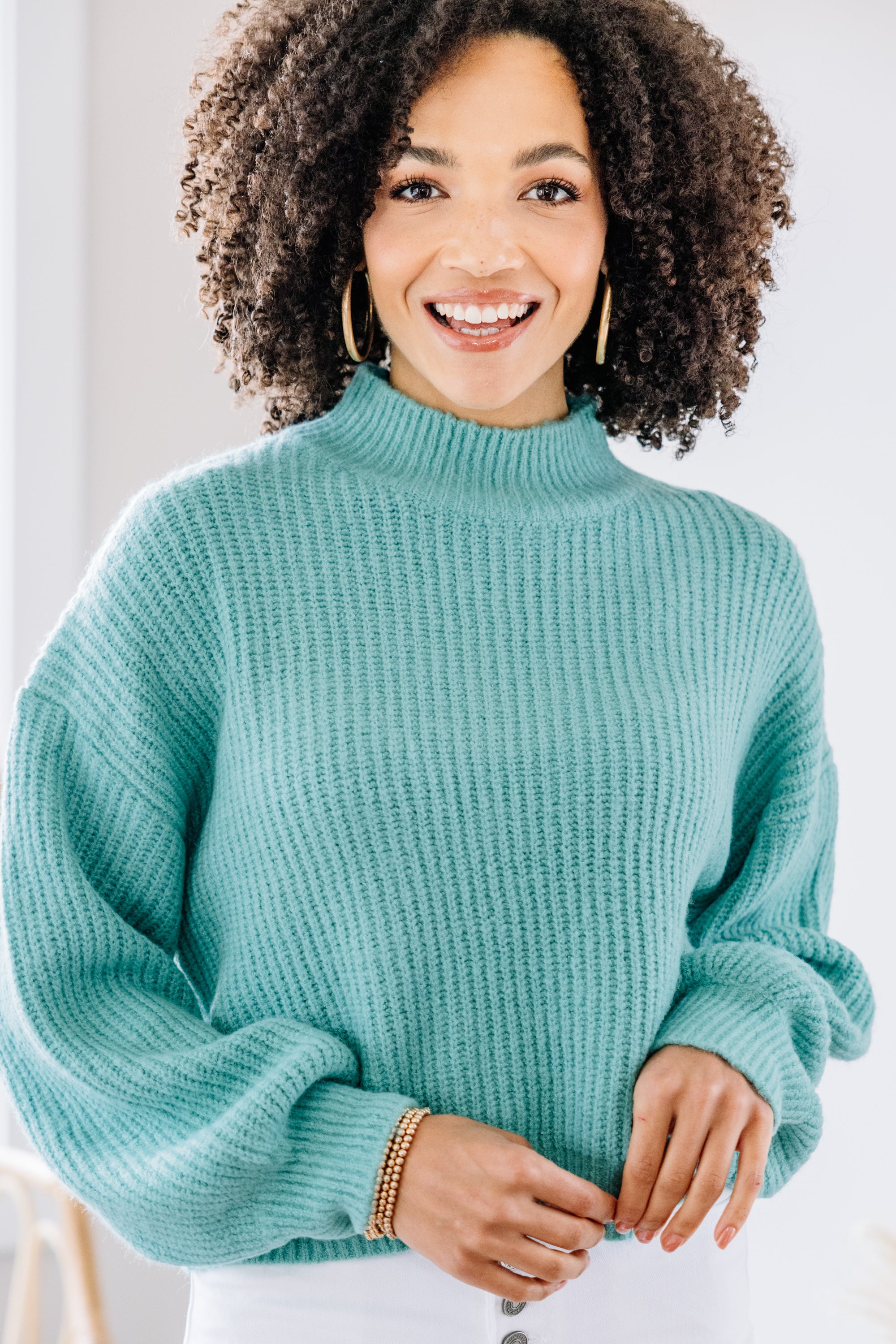 Gorgeous Jade Green Mock Neck Sweater - Be Happy to Own!