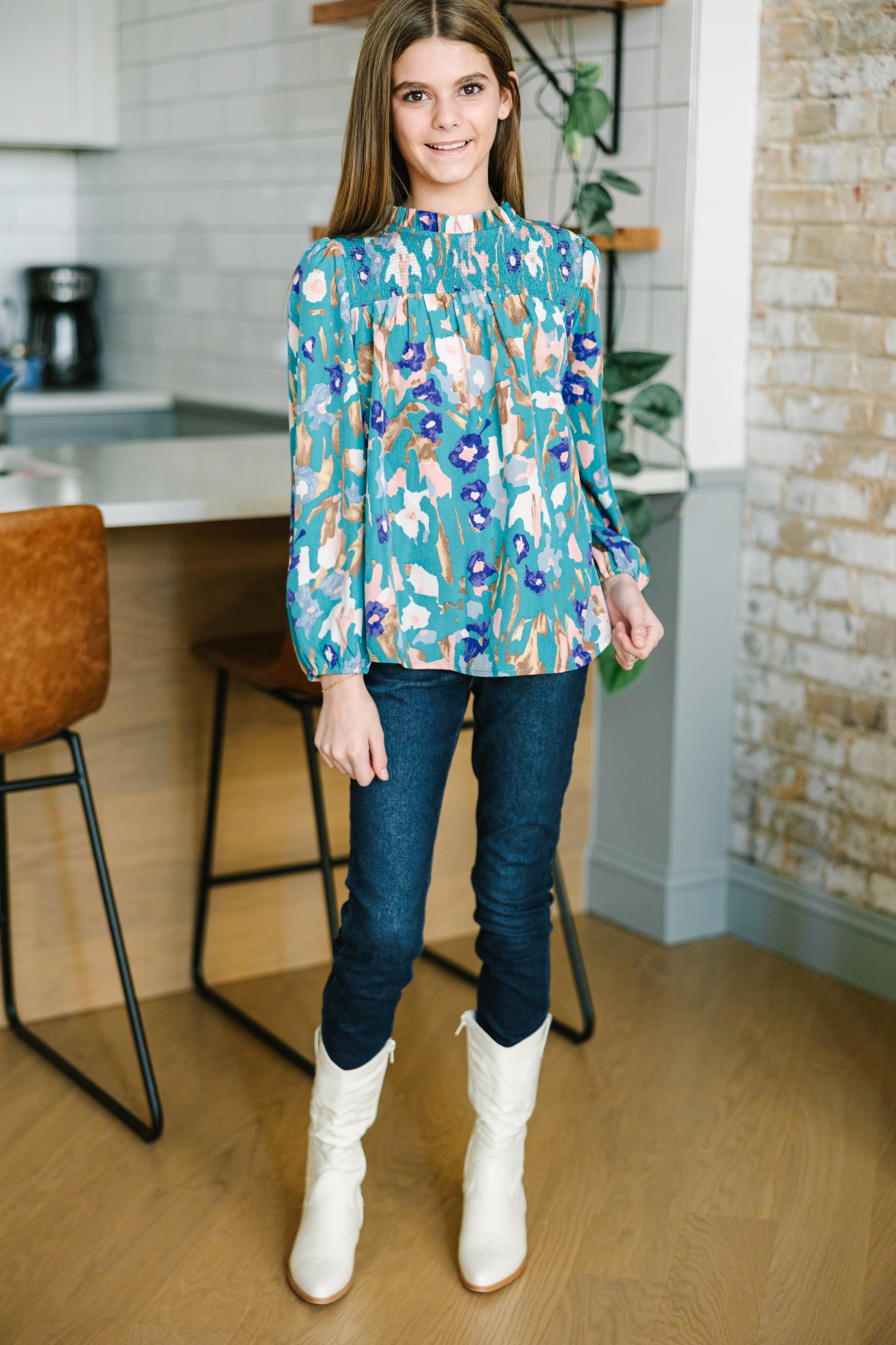 Elevate Your Style! Girls' Teal Blue Floral Blouse
