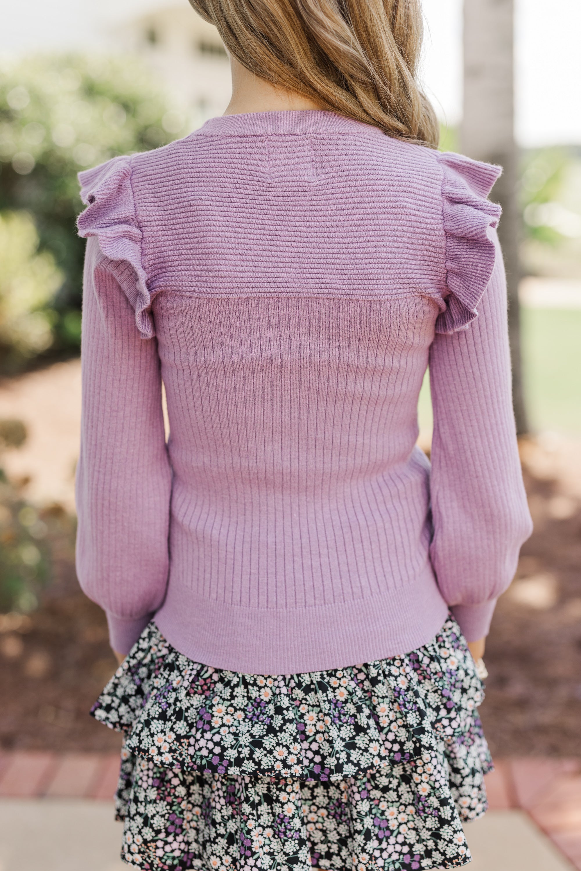 Girls' Dusty Purple Ruffled Reach-Out Sweater