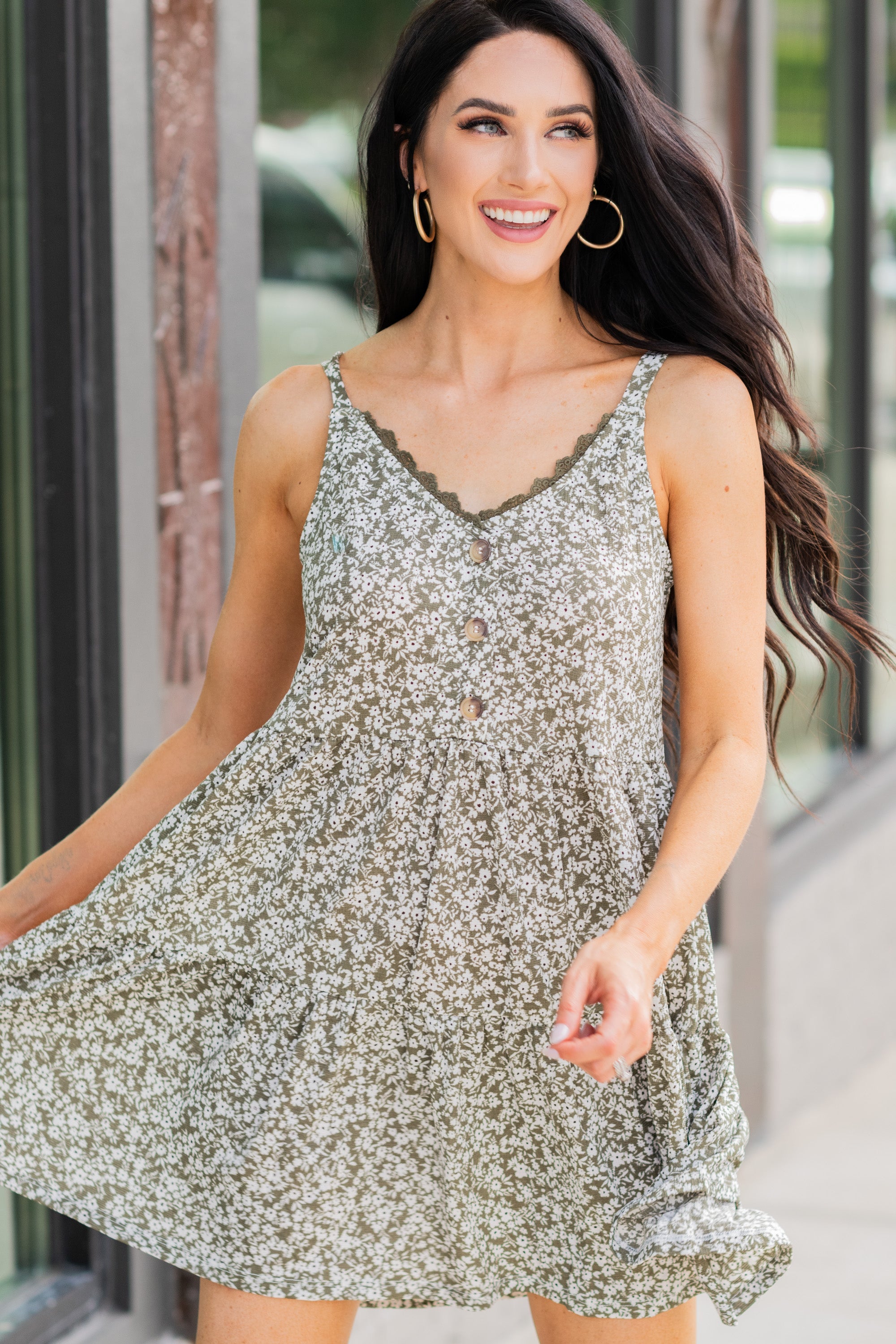 Olive Green Ditsy Floral Mini Dress - Own It All!