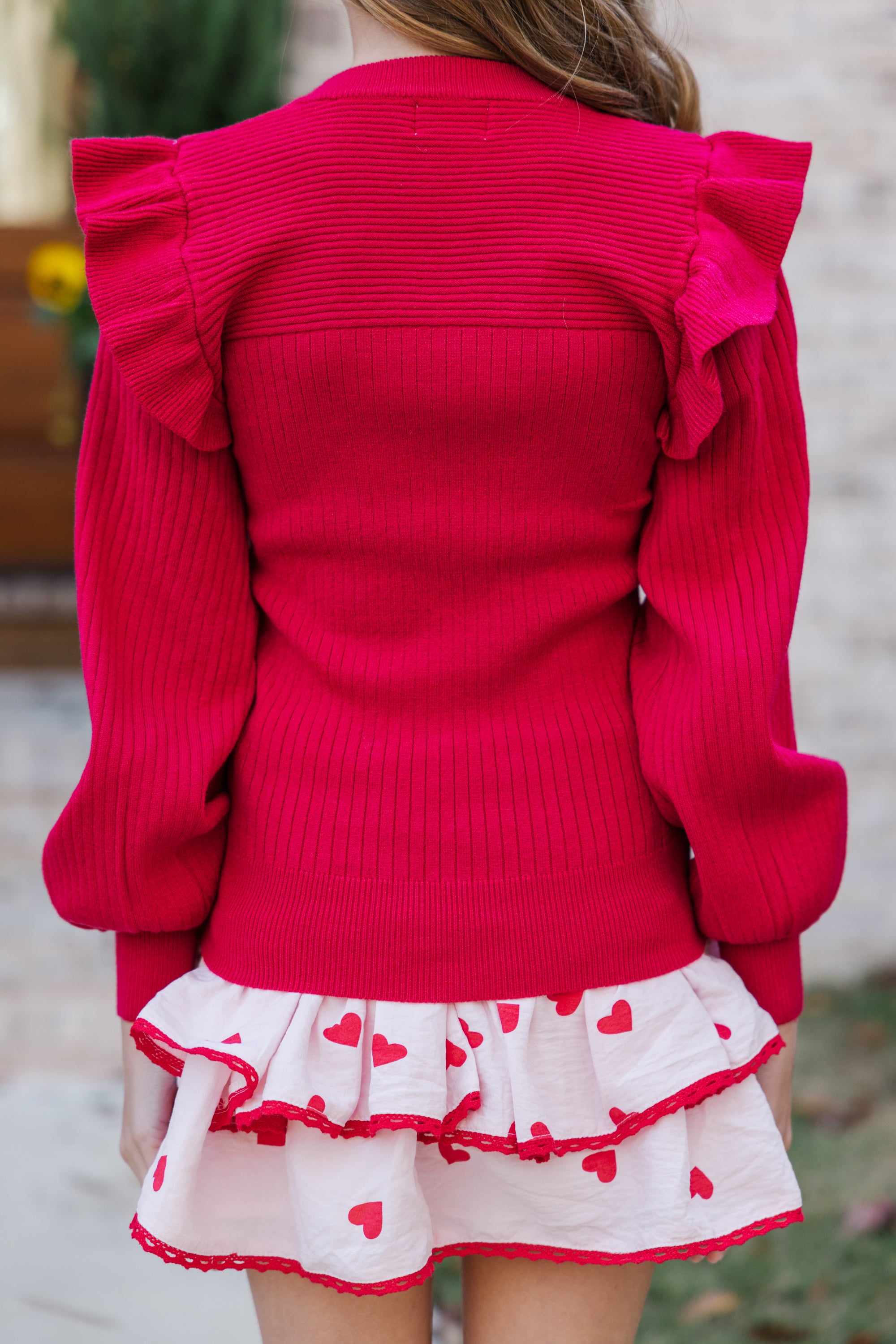 Girls' Reach-Out Red Ruffled Sweater: Look Adorable Now!
