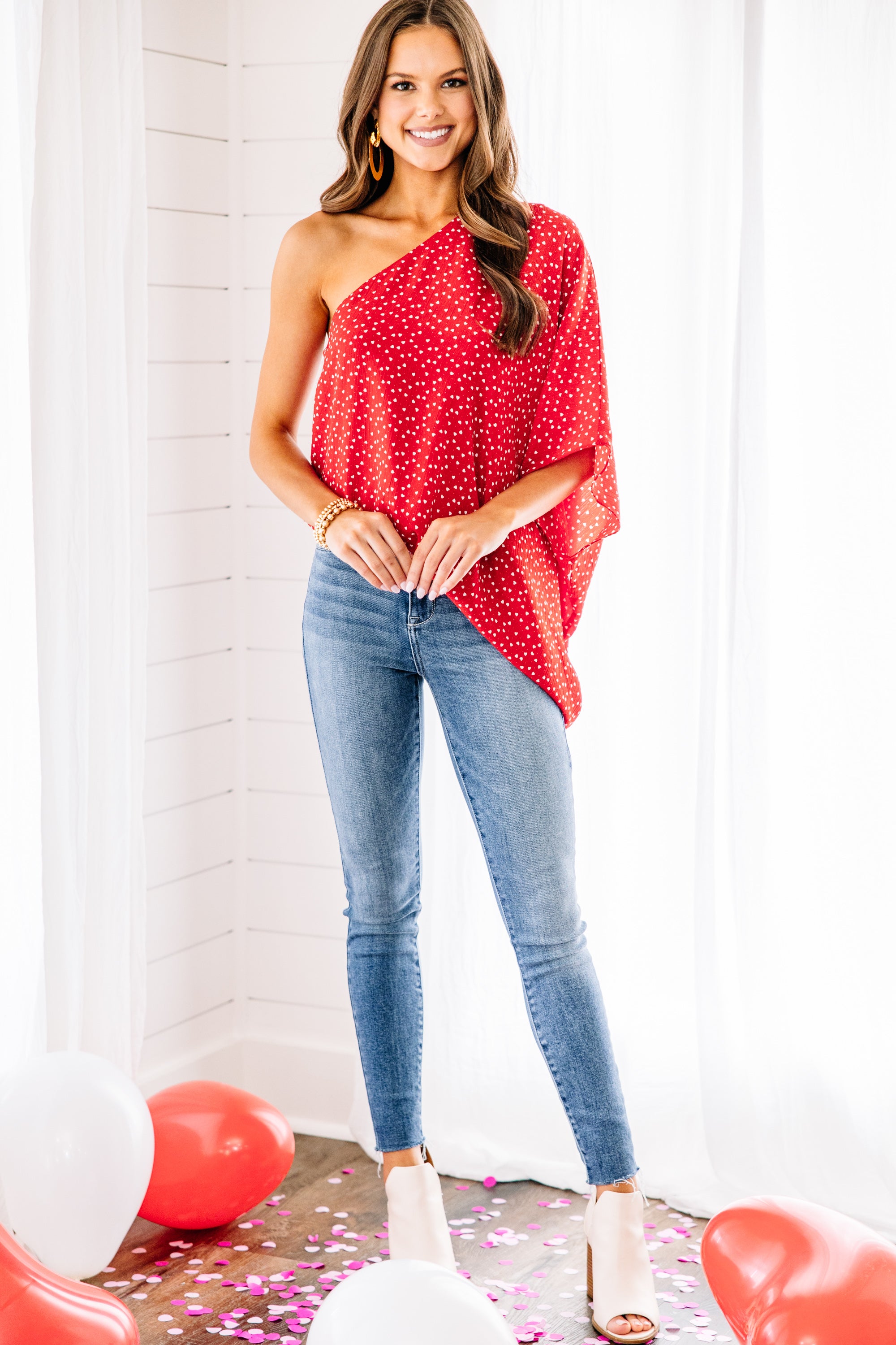 Alluring Love Red Heart Print One-Shoulder Blouse
