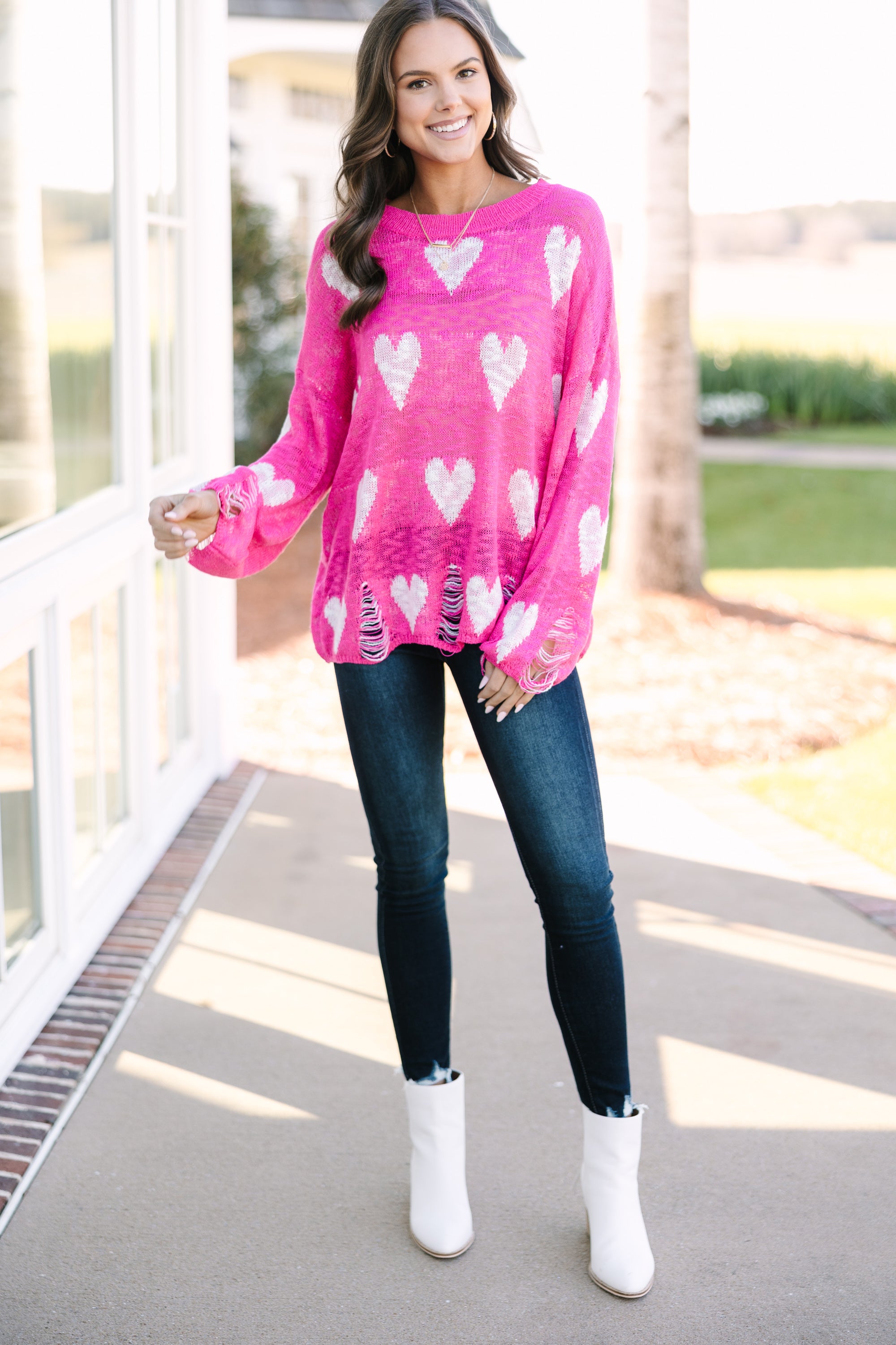 Royal Fuchsia Pink Heart-Print Sweater: Feel Like a Queen!
