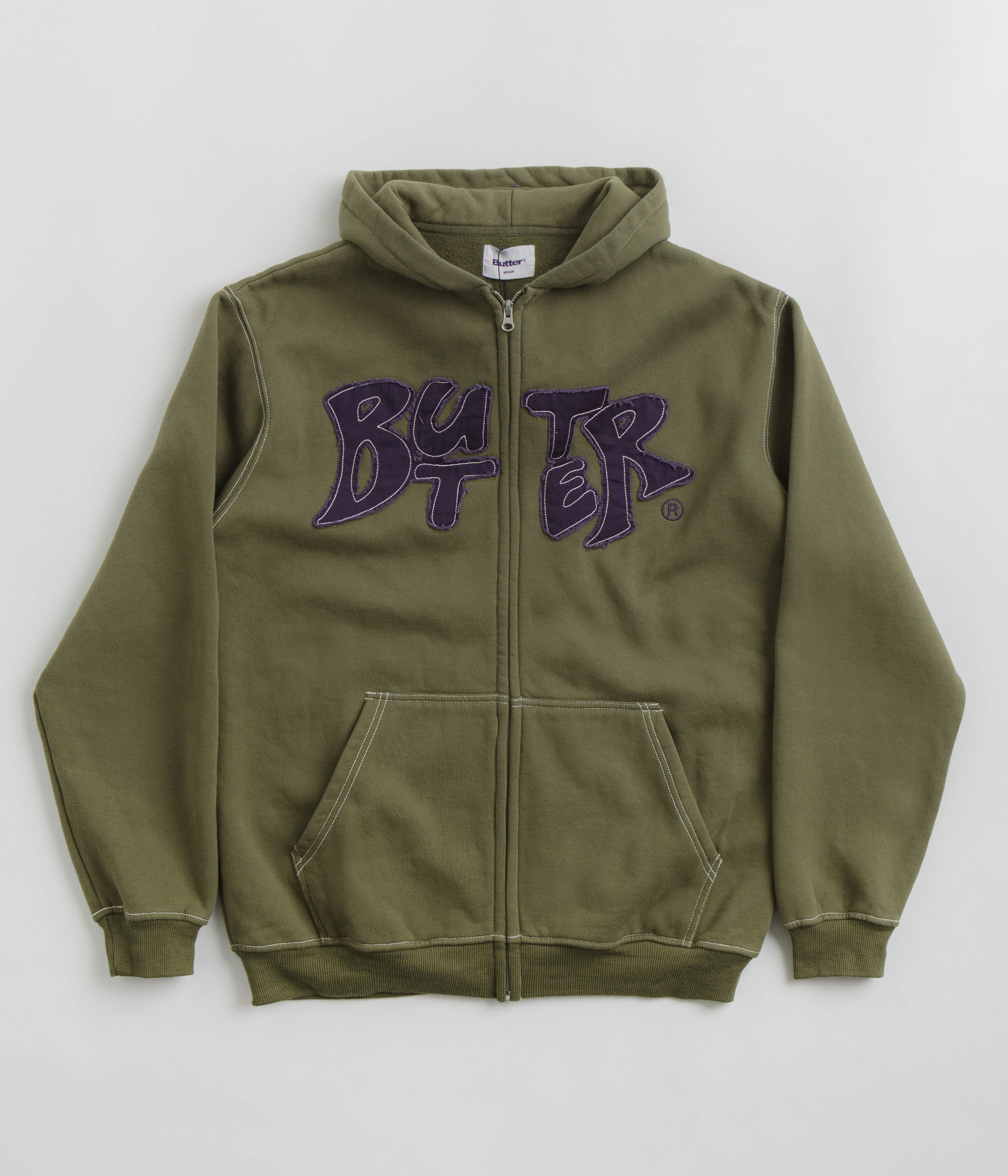 Butter Goods Army Green Fabric Applique Zip-Thru Hoodie - A Must-Have!