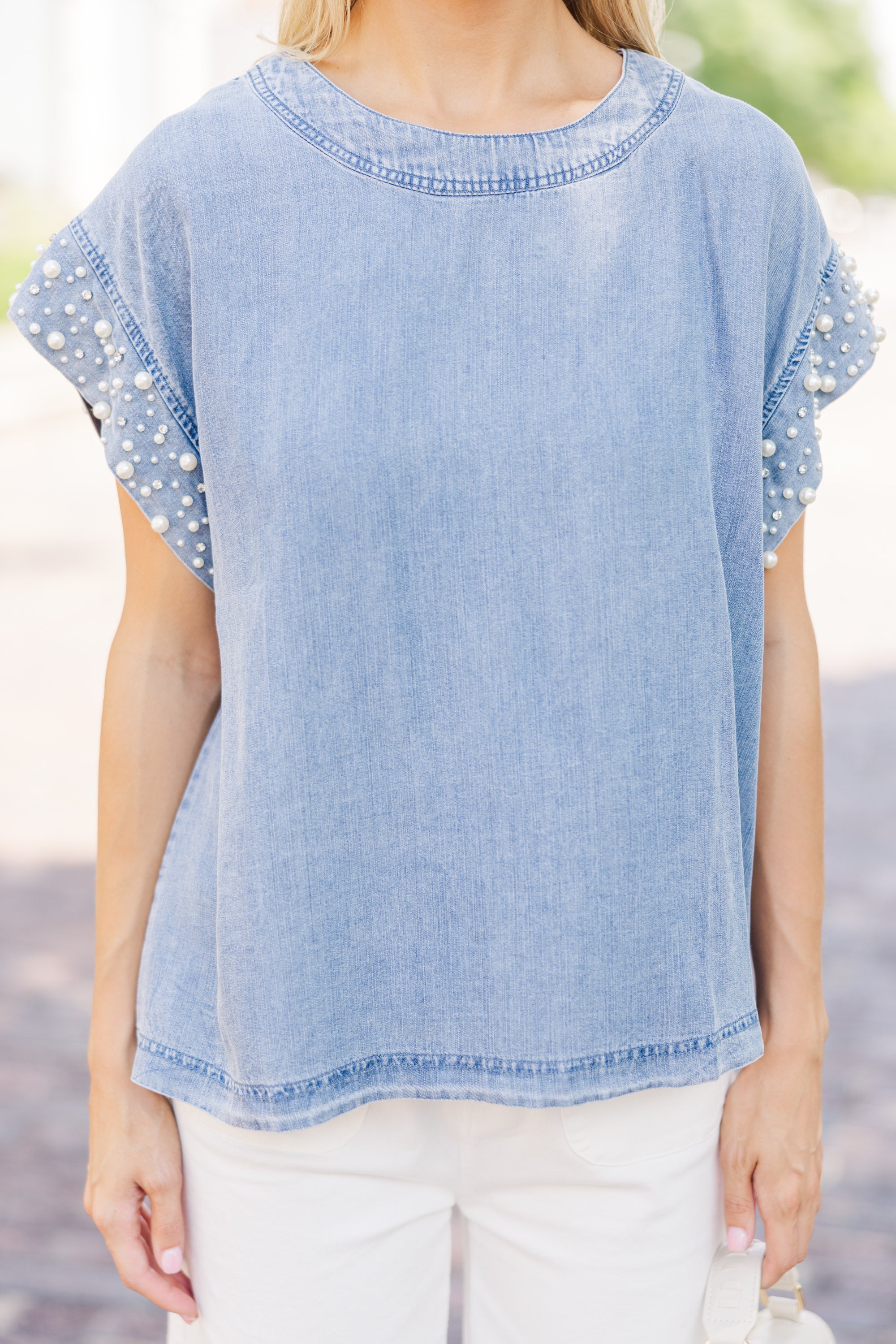 Stunning Be Bold Denim Embellished Blouse - A Must-Have!