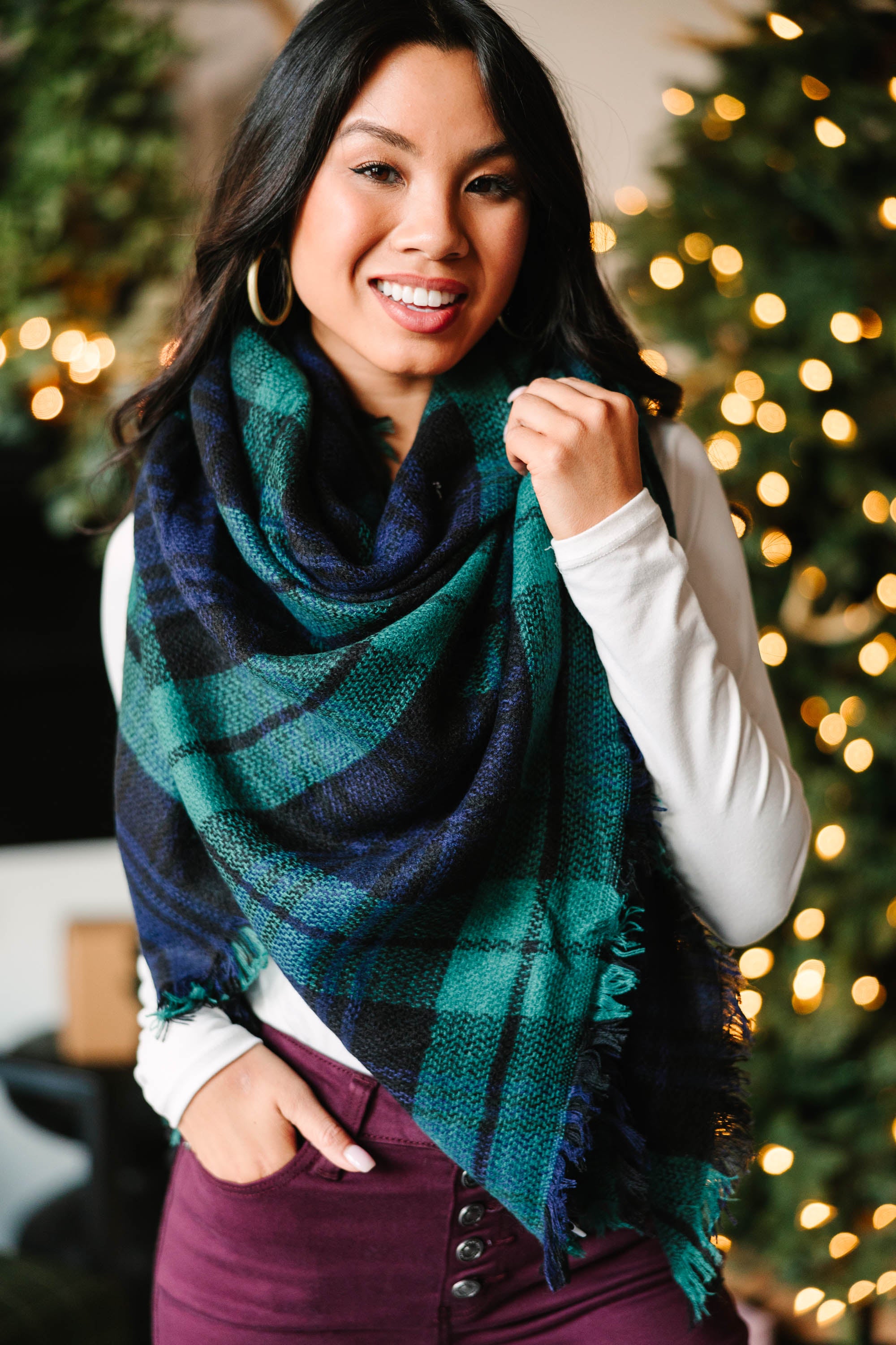 Autumn Air Must-Have Green and Navy Plaid Blanket Scarf