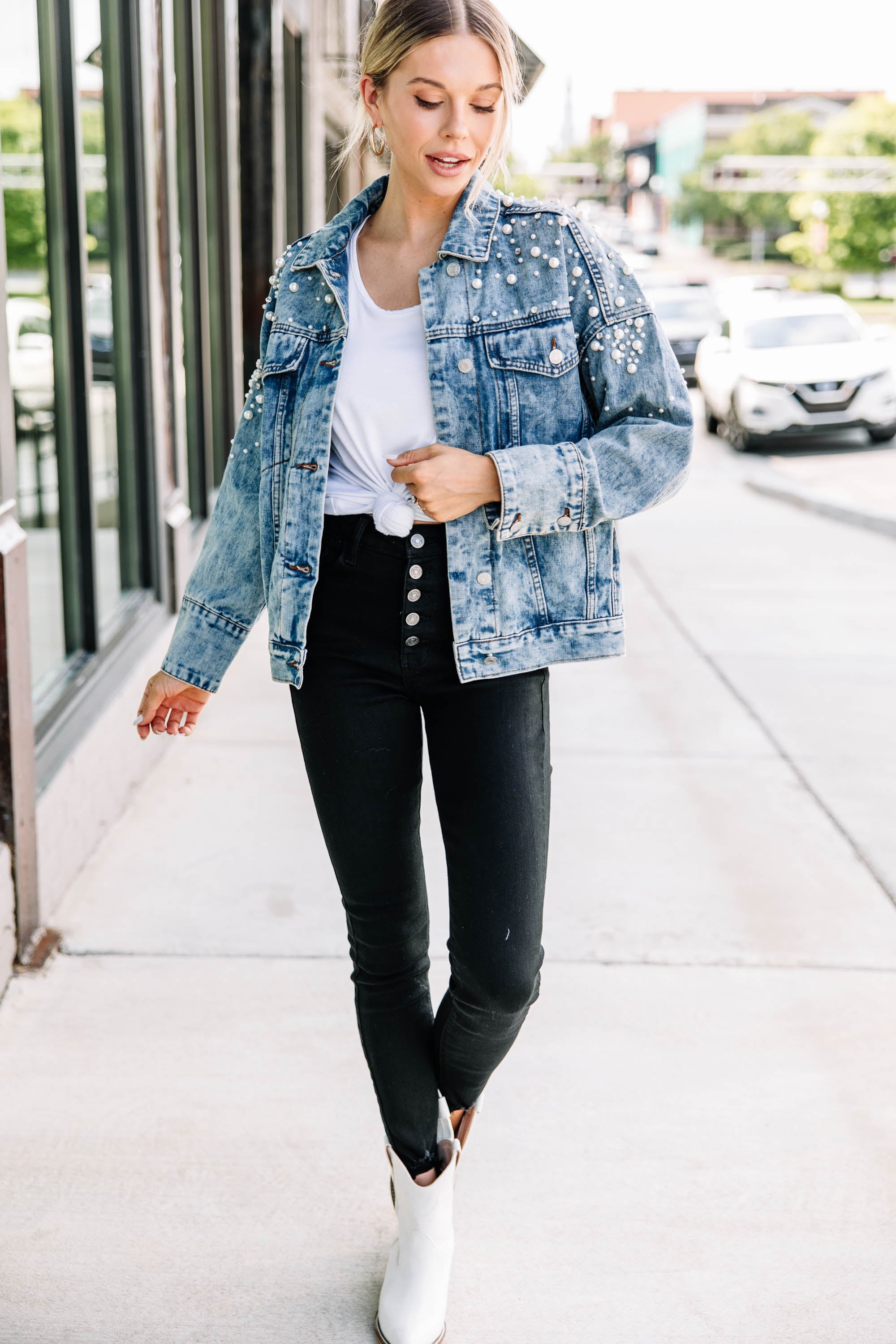 Gorgeous Back In Town Medium Wash Embellished Denim Jacket - A Must-Have!