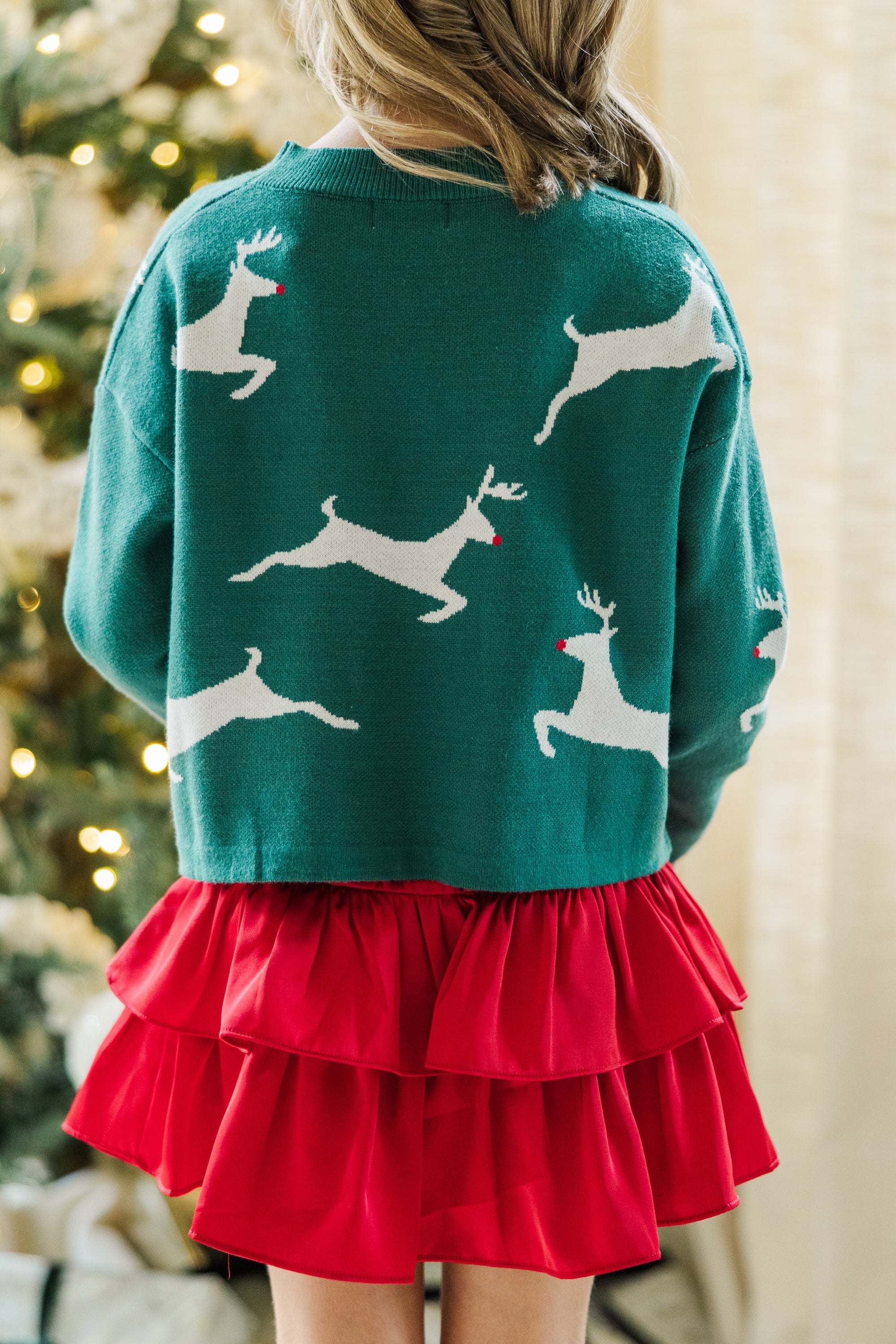Girls' Irresistible Emerald Green Reindeer Christmas Sweater