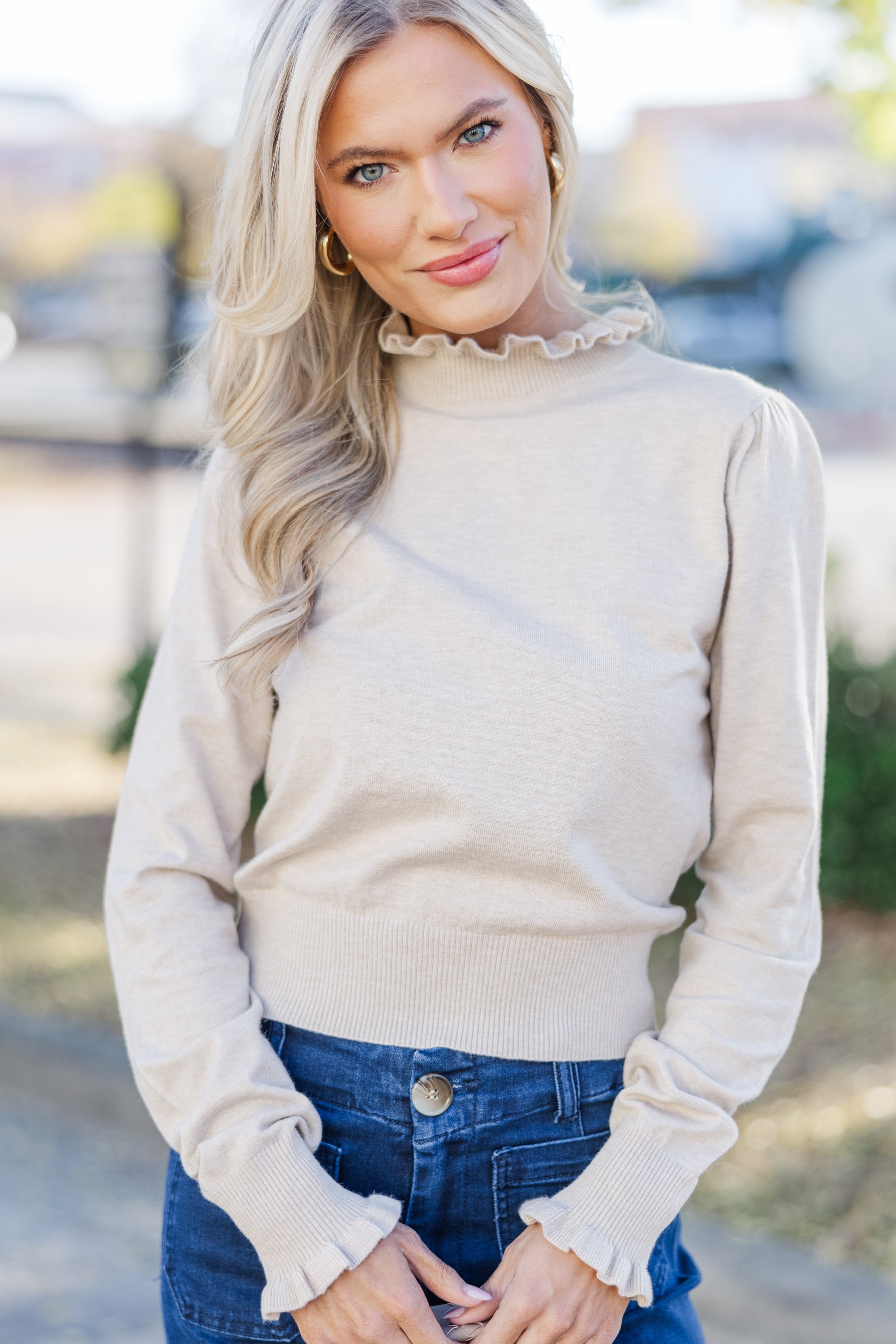 Enchanting Oatmeal Ruffled Return Sweater
