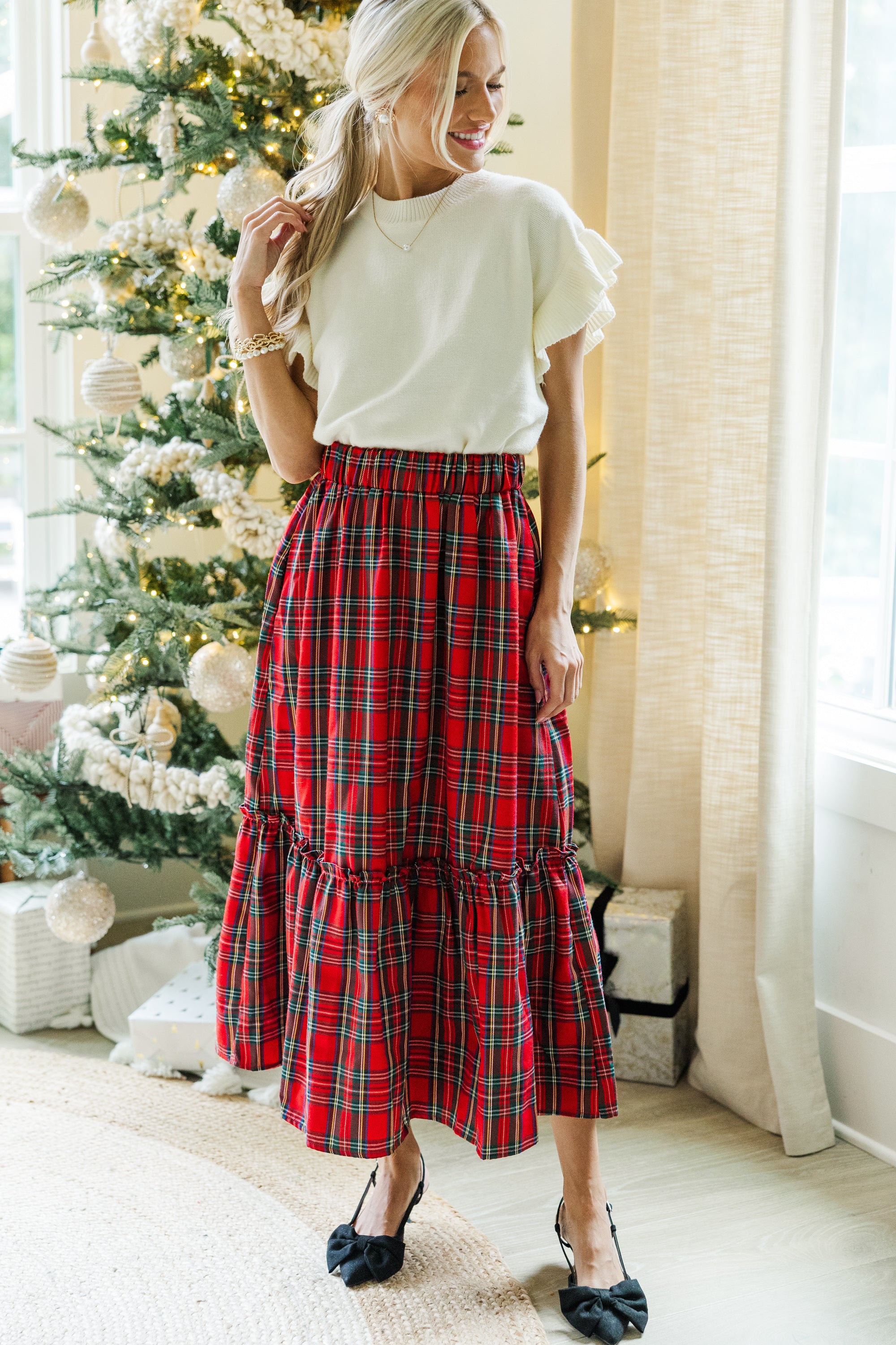 Enchanting All In A Dream Red Tartan Plaid Midi Skirt for the Holidays
