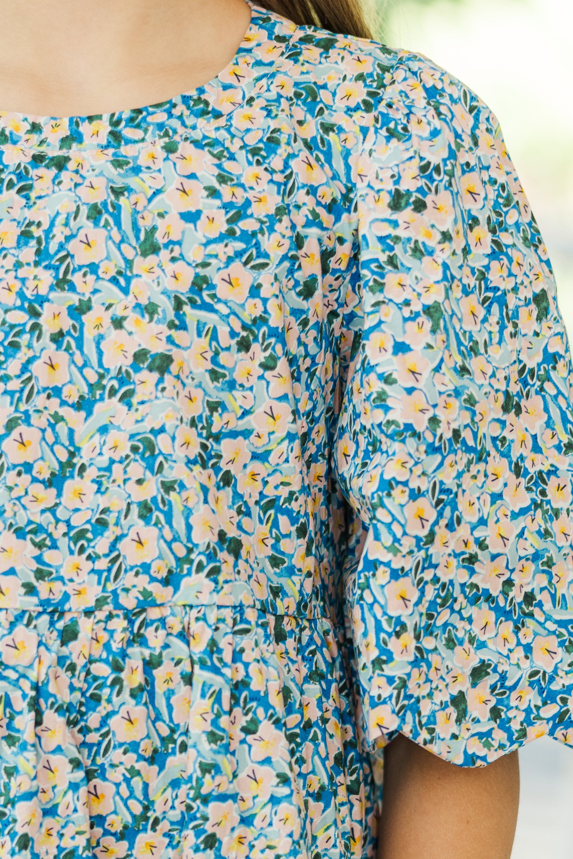 Adorable Girls' Blue Ditsy Floral Scalloped Dress - Right On Time for Special Occasions