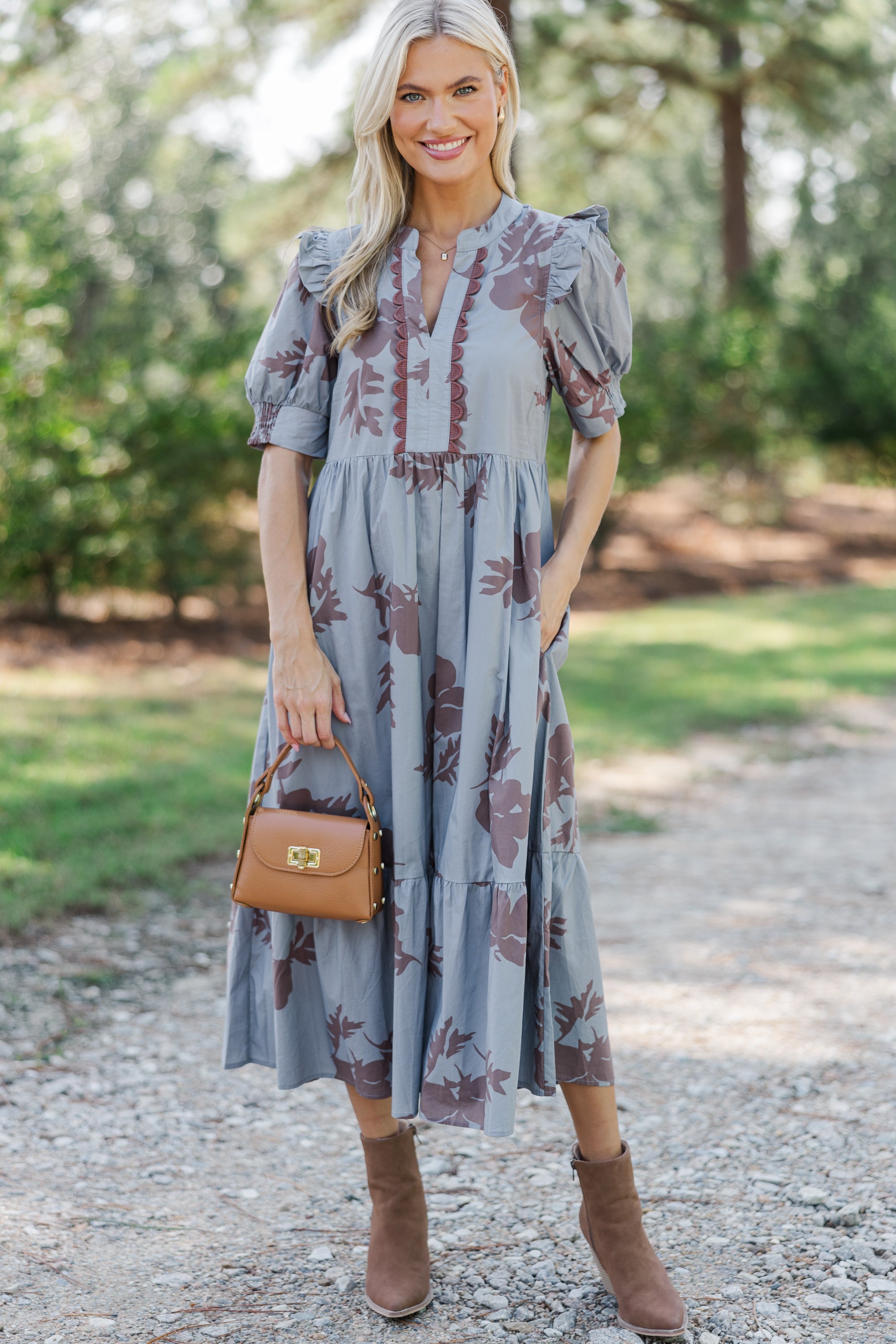 Enchanting Slate Blue Floral Midi Dress: Fall's Allure