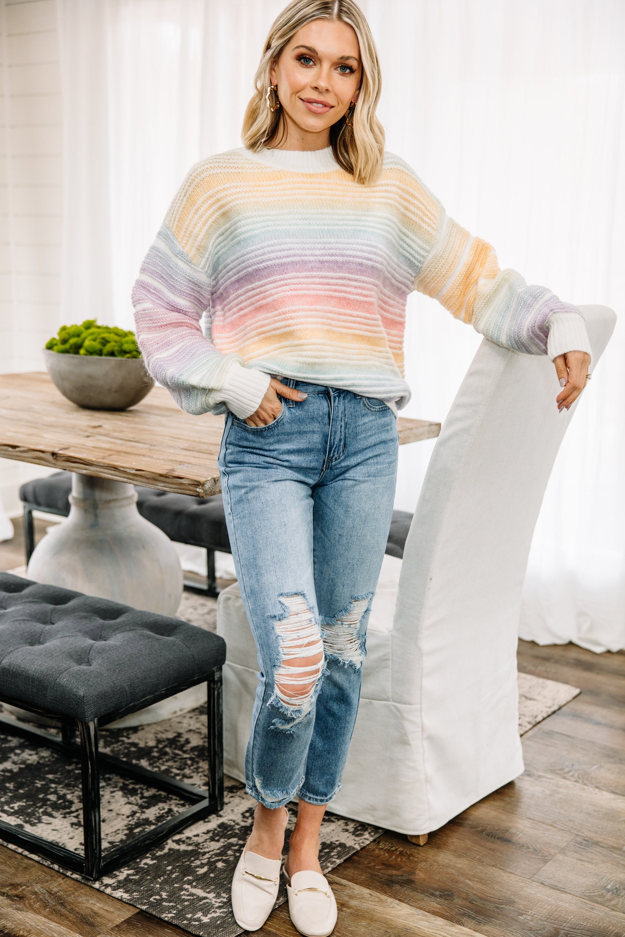 Gorgeous Happy To Be Here Rainbow Pink Striped Sweater