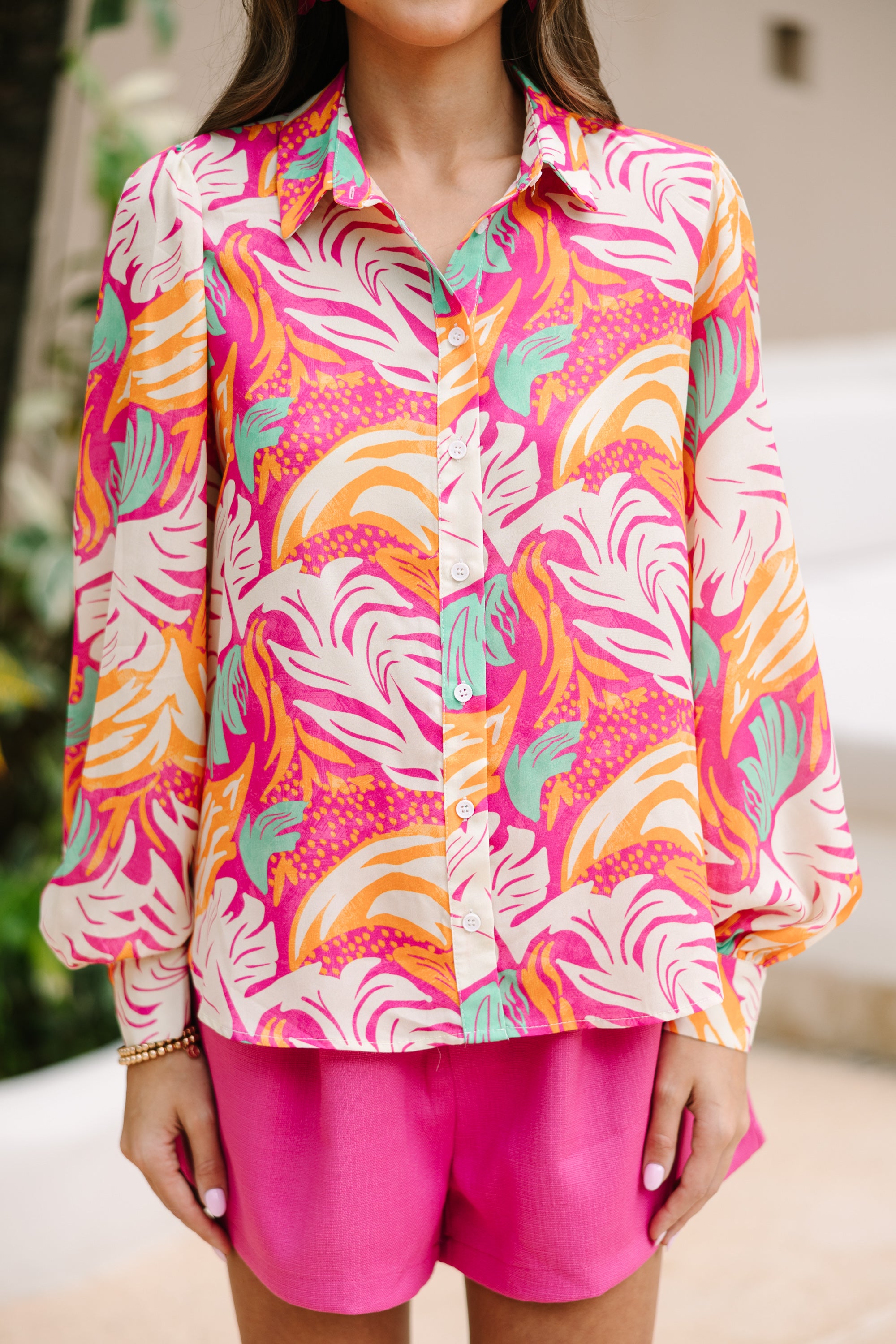Stunning Fuchsia Pink Abstract Button - Down Blouse