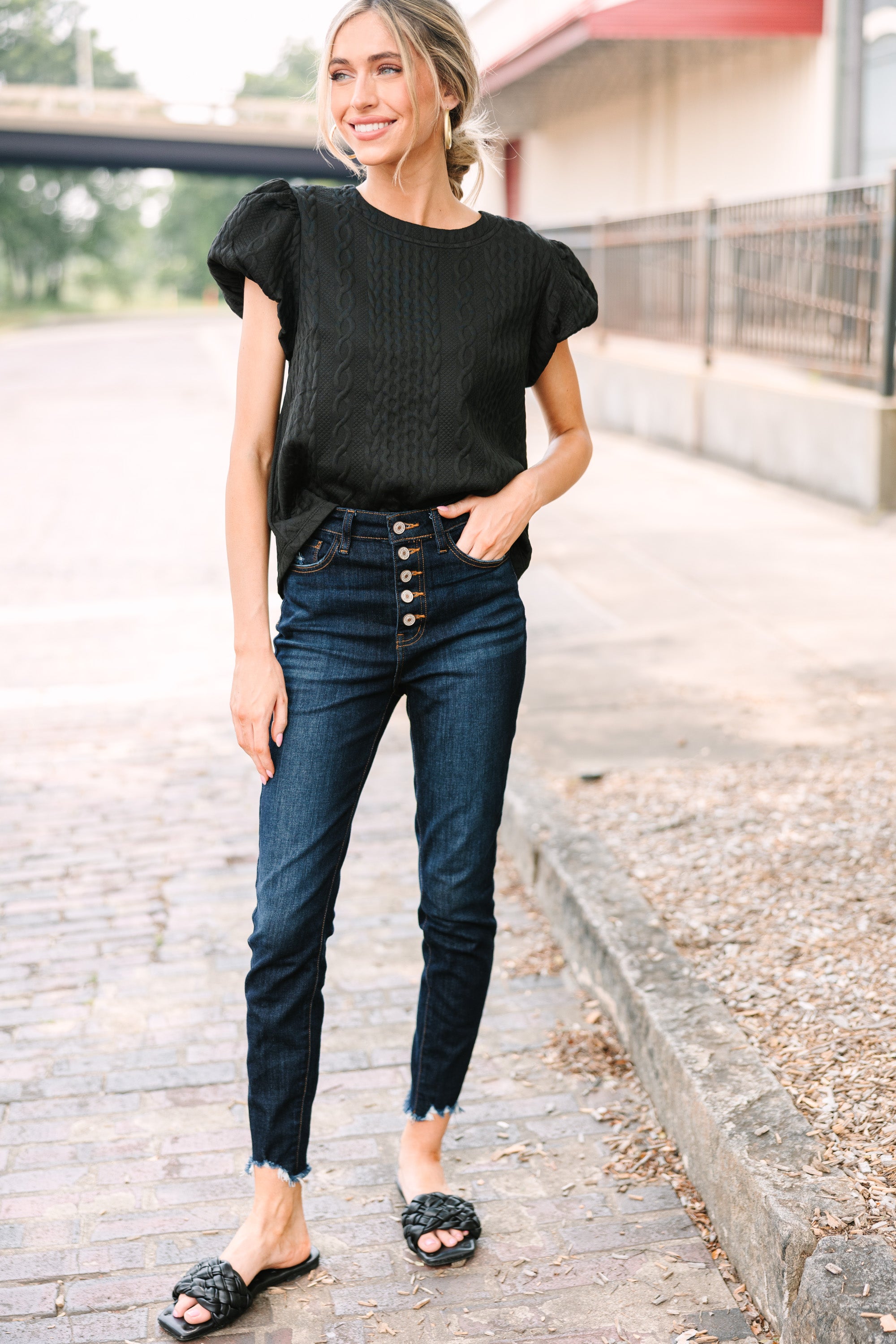 Chic All-In-One Black Cable Knit Blouse