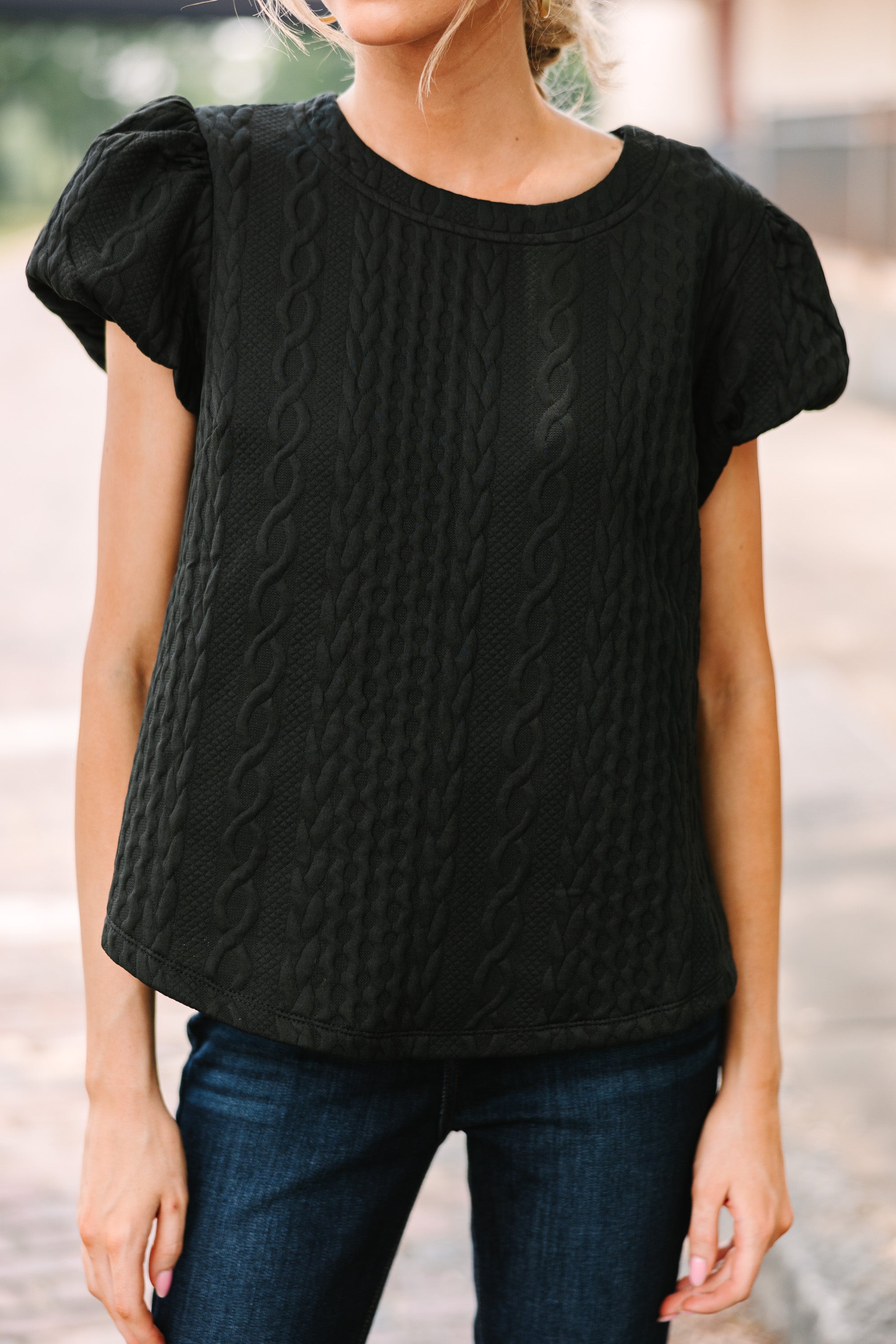 Chic All-In-One Black Cable Knit Blouse