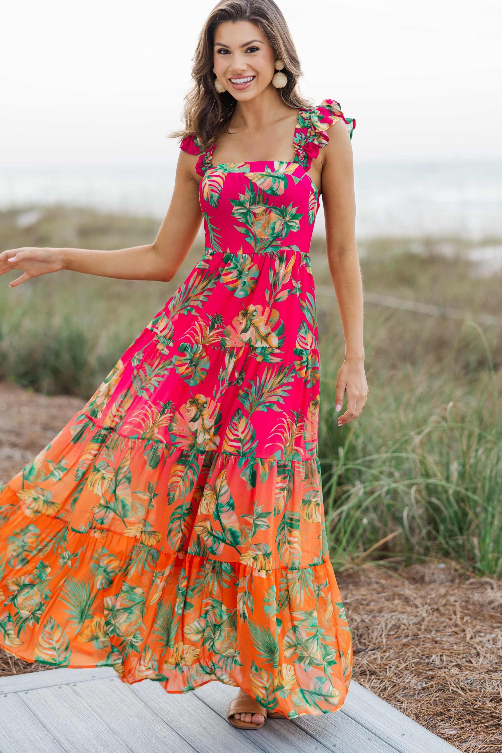 Stunning Fuchsia Pink Tropical Maxi Dress - Enjoy the Summer Views!