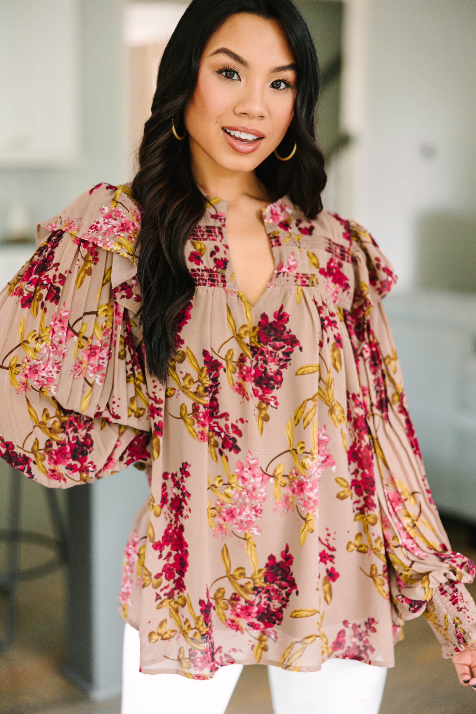 Gorgeous Latte Brown Floral Blouse - Feel Your Best!
