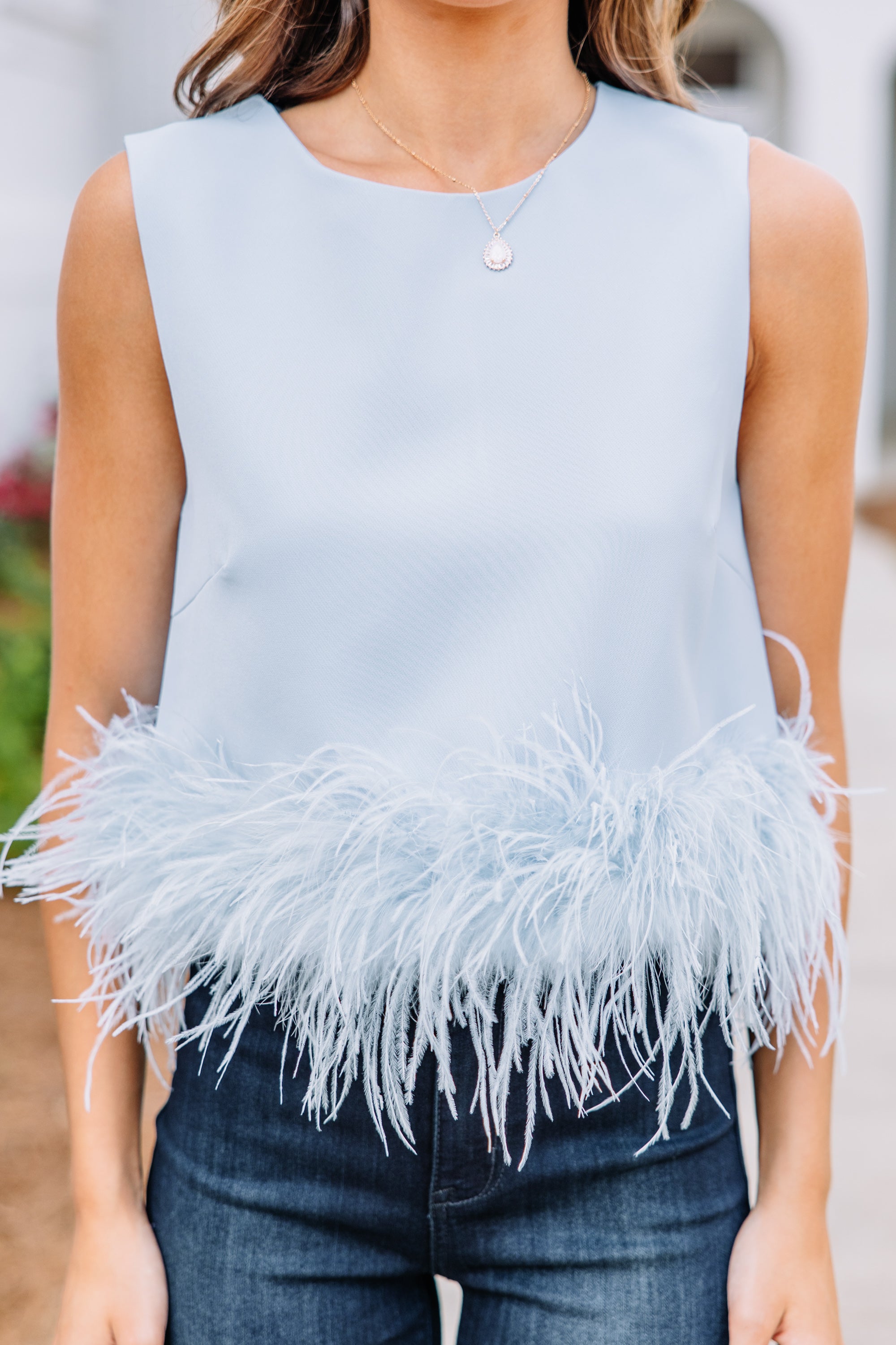 Be The Drama: Stunning Light Blue Feather Trim Blouse
