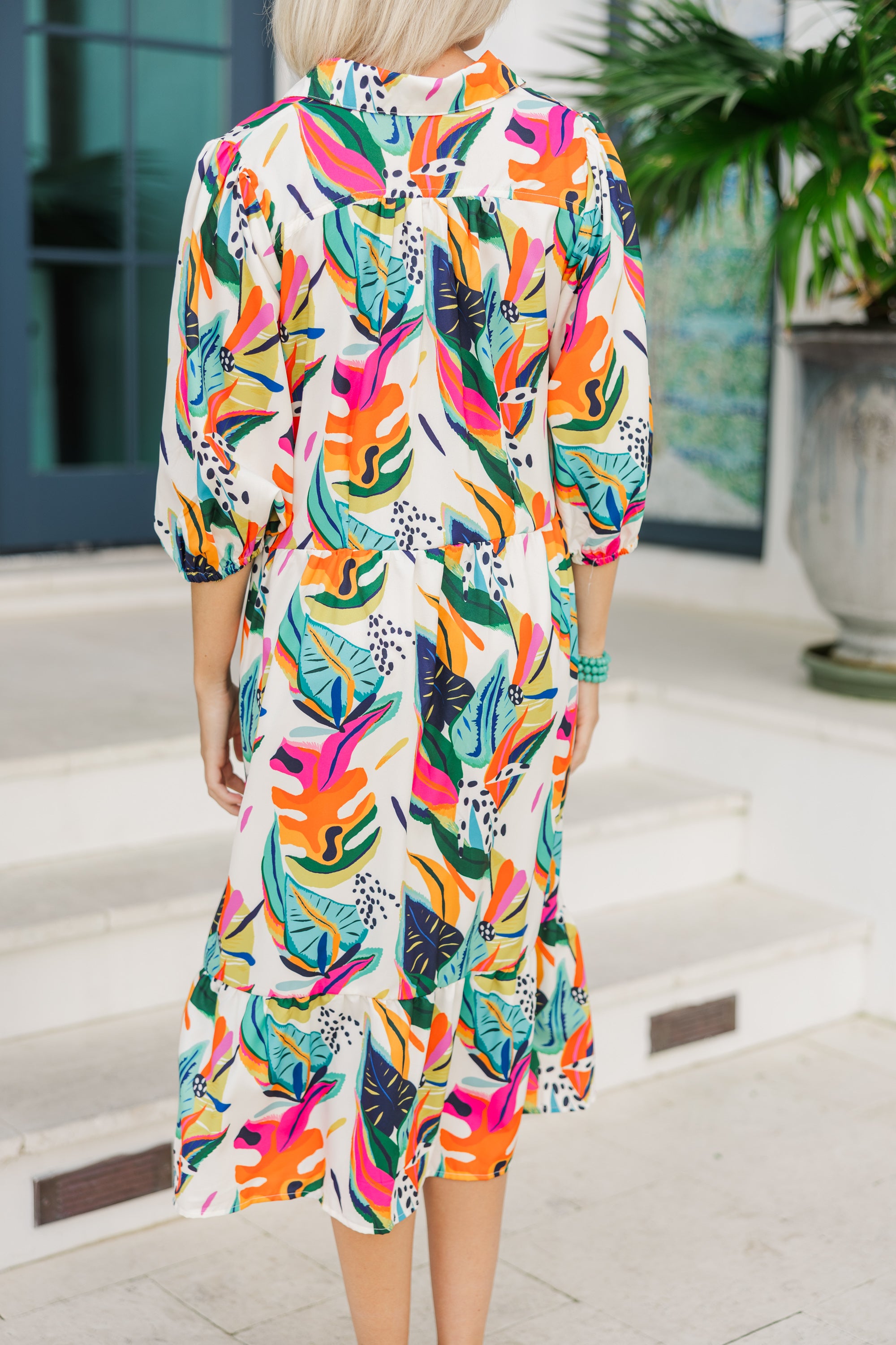 Alluring Tropical Midi Dress - Cream White for Your Journey