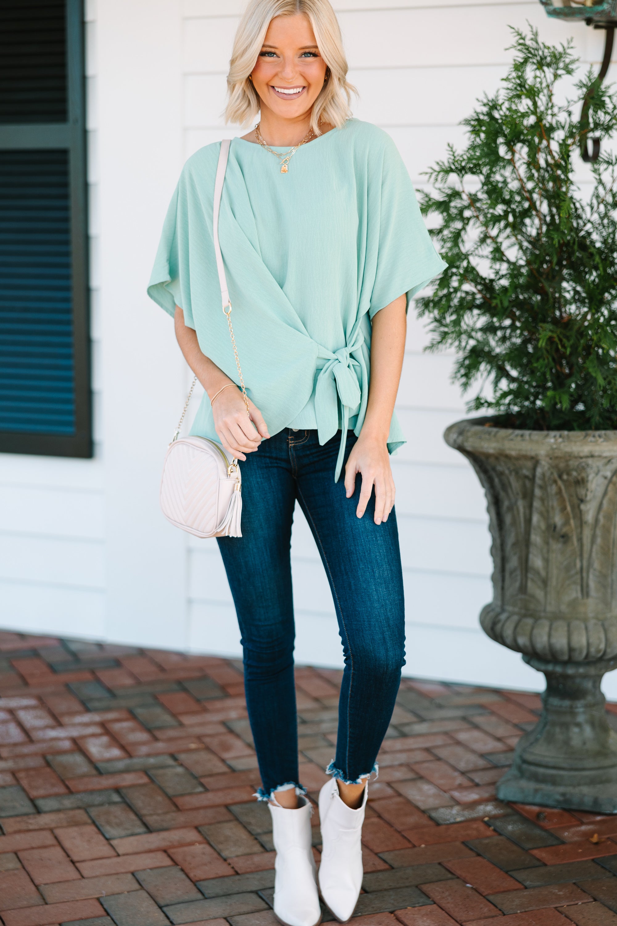 Enchanting Happy Thoughts Sage Green Tied Blouse - Must - Have for Every Fashionista