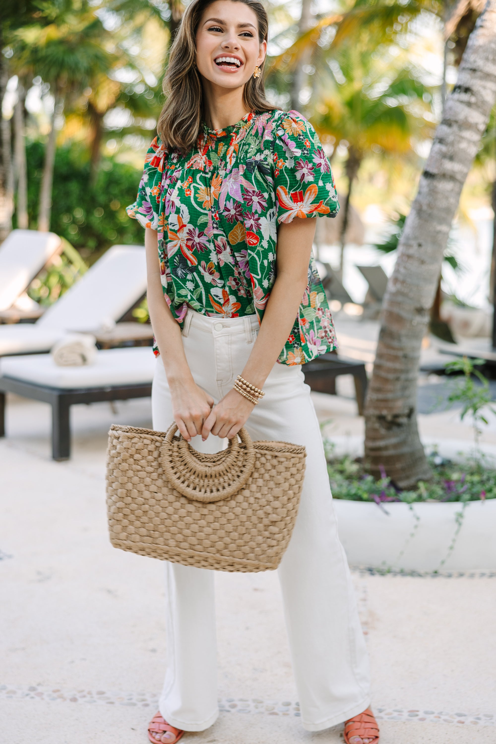 Exquisite All - In - The - Plans Tropical Green Floral Blouse