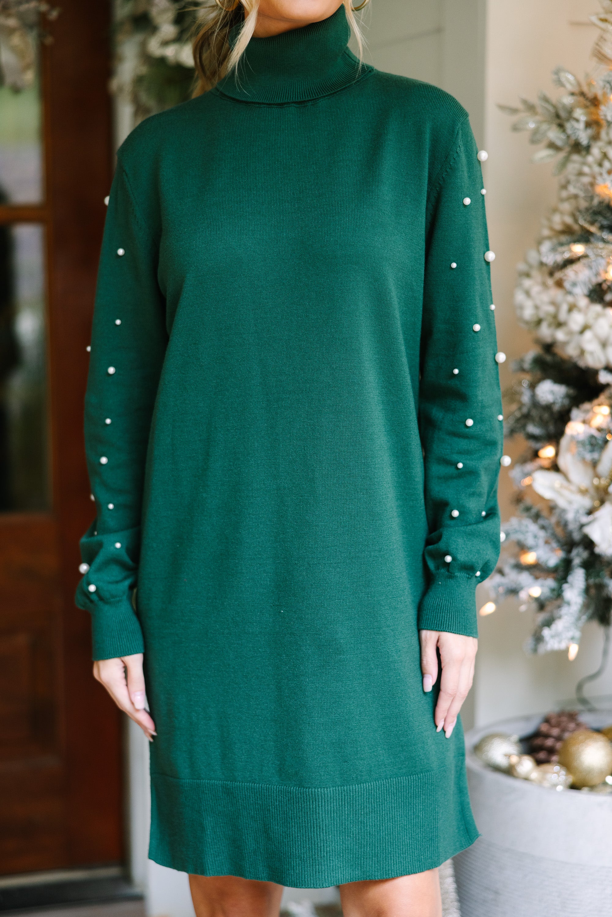 Fall in Love with Our Emerald Green Pearl-Embellished Sweater Dress