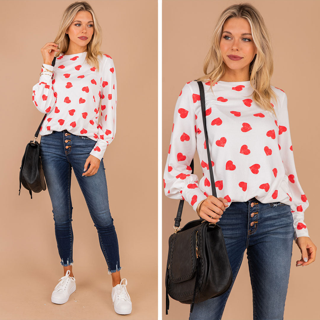 Adorable Ivory White Heart Print Top for Valentine's Day