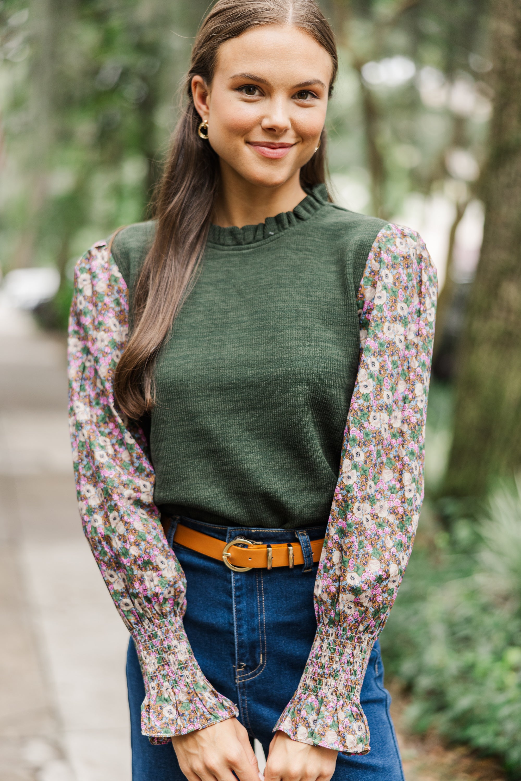 Joyful Olive Green Floral Blouse: Your Season-Long Happiness!