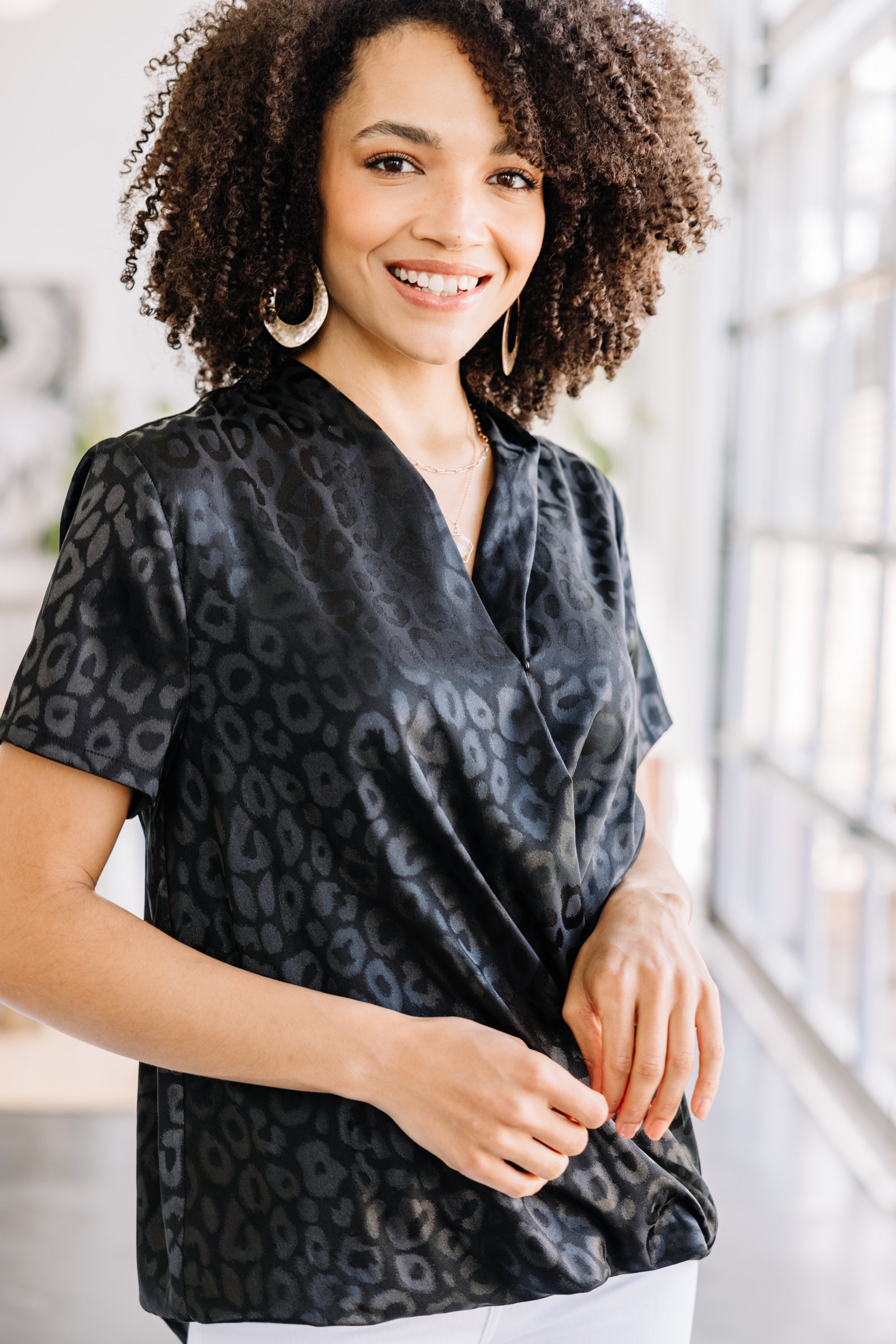 All My Love Enchanting Black Satin Leopard Print Blouse
