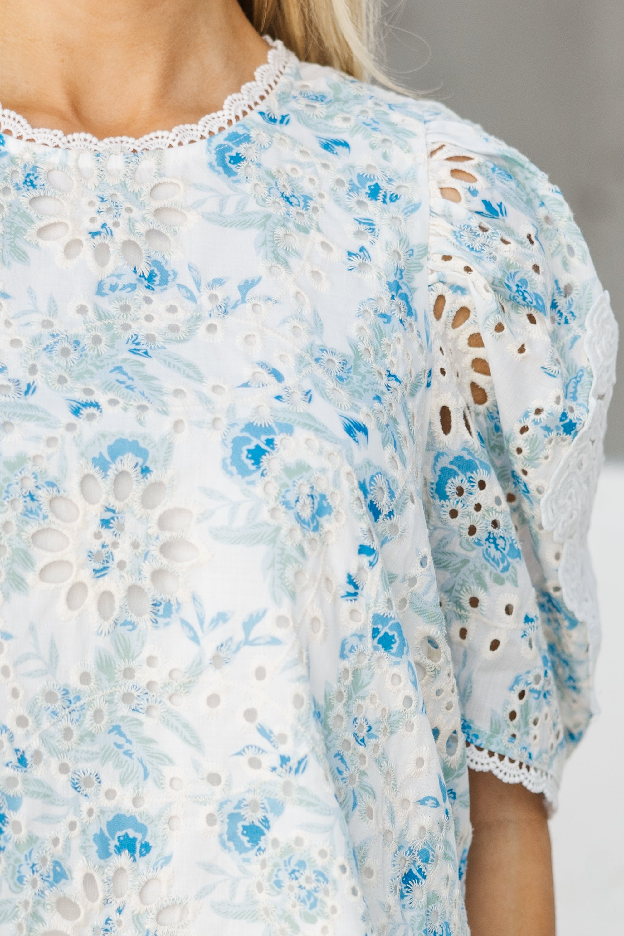 Joyful Blue Floral Eyelet Delight Blouse