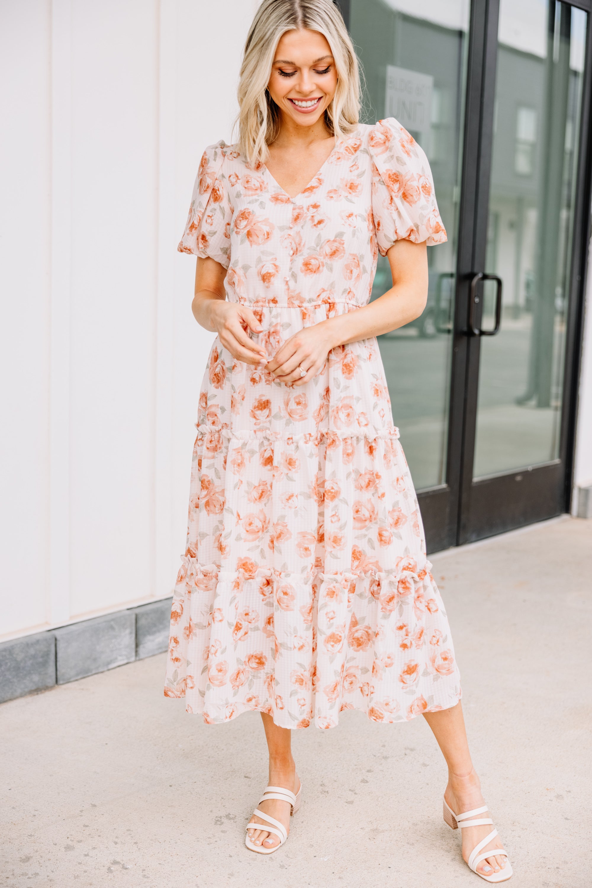 Enchanting Dusty Orange Floral Midi Dress - Feel Present and Stunning!