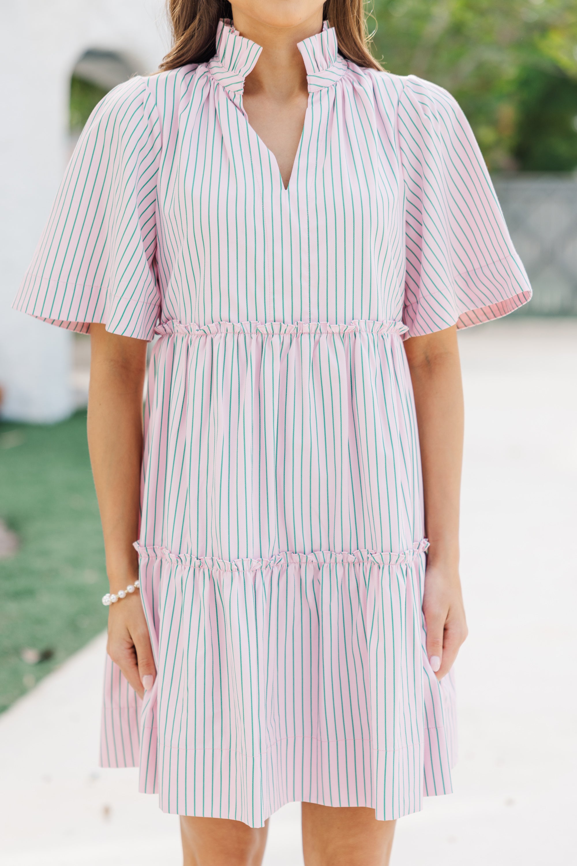 Gorgeous Pink/Green Striped Babydoll Dress for Your Best Look