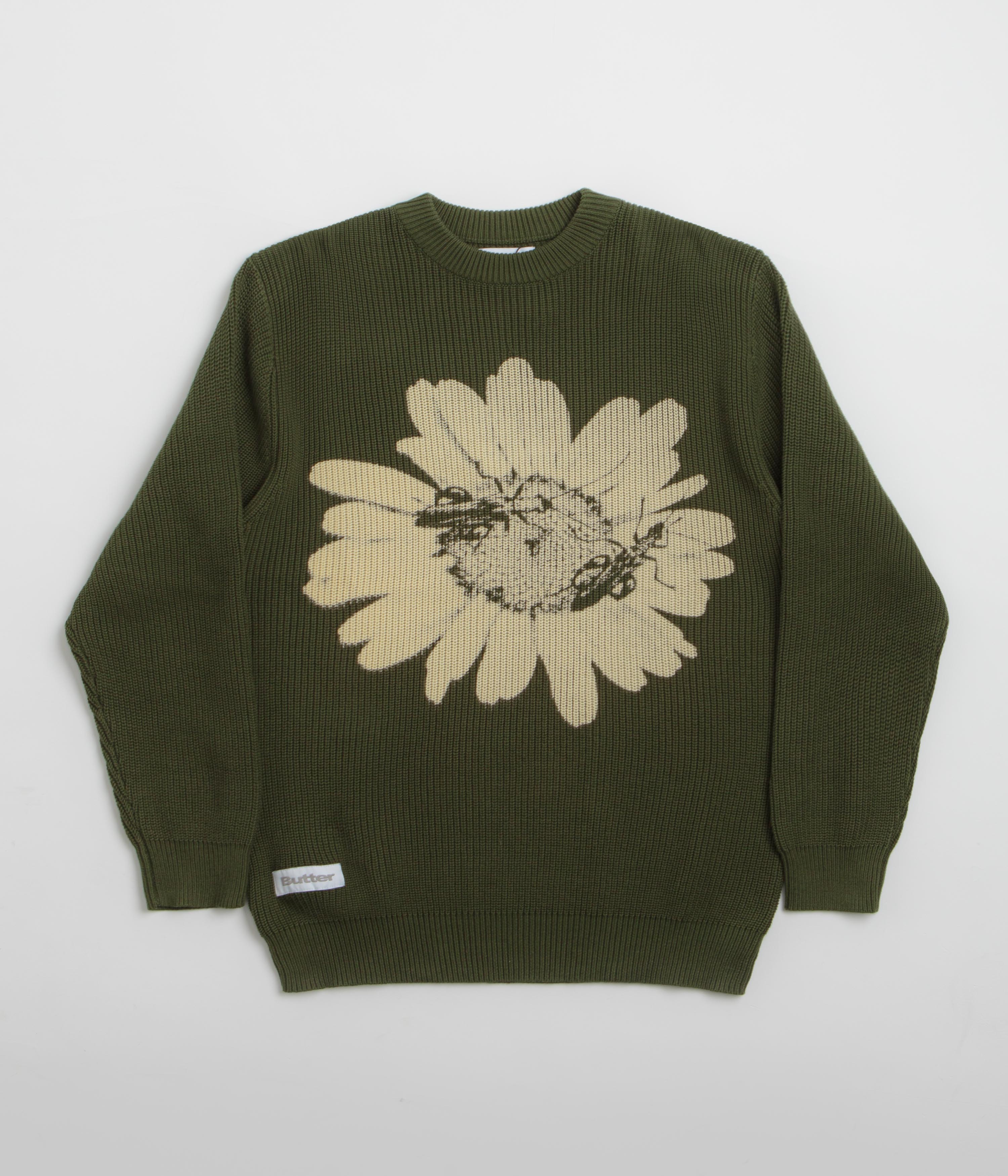 Butter Goods Army Green Sunflower Knit Sweatshirt - A Must-Have!