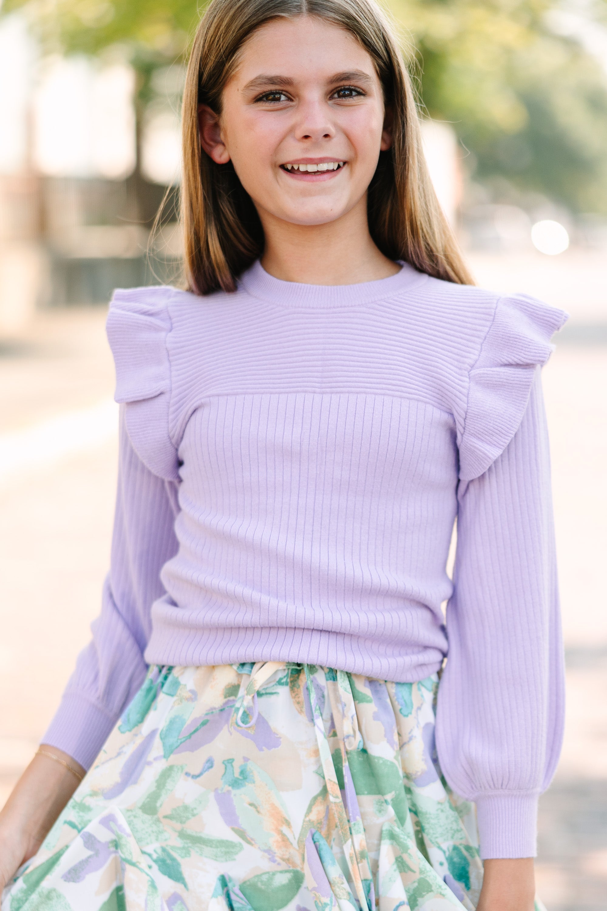 Girls' Lavender Purple Ruffled Reach - Out Sweater