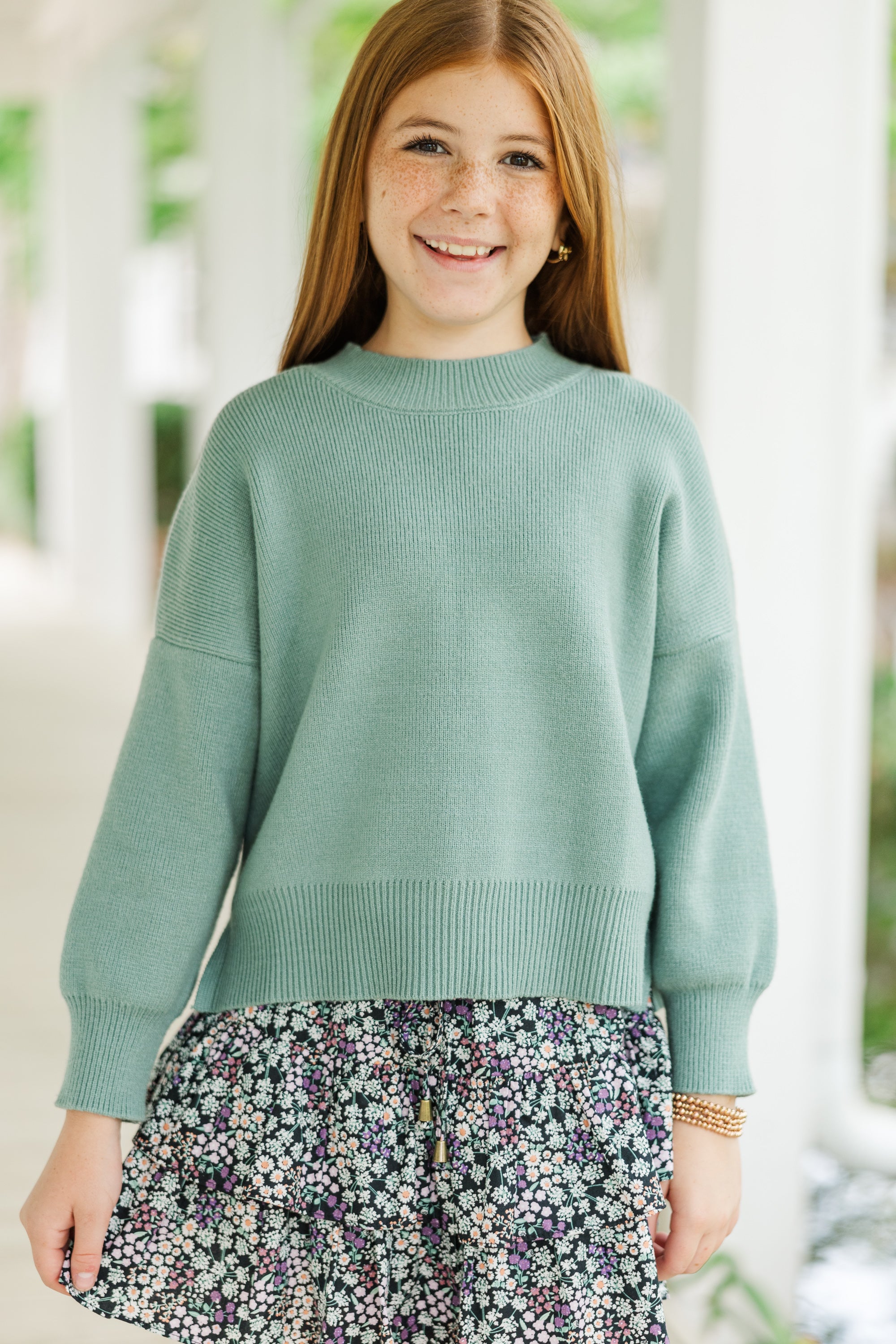 Girls' Dreamy Sage Green Mock Neck Sweater