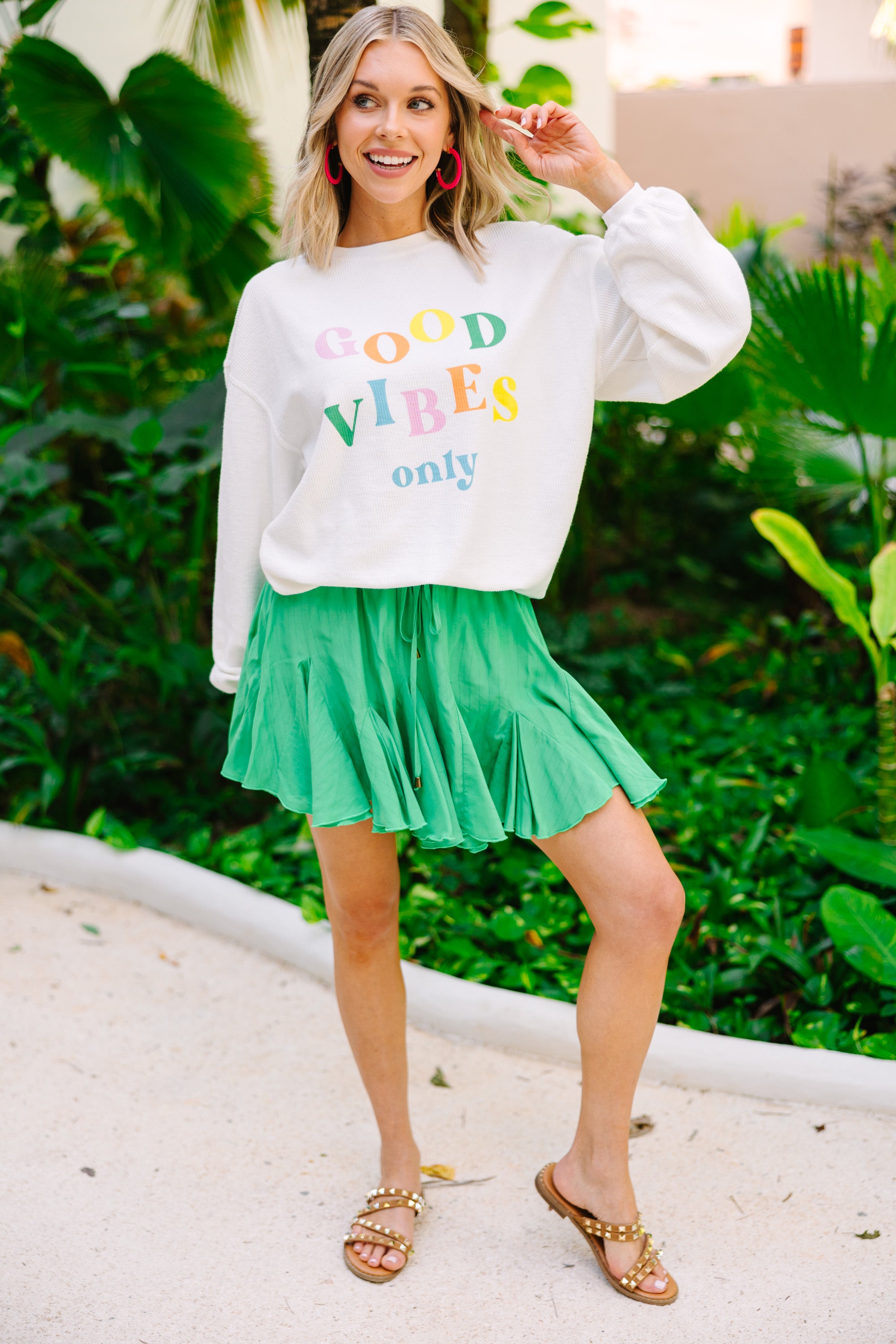 Good Vibes Only: White Graphic Corded Sweatshirt for a Trendy Season