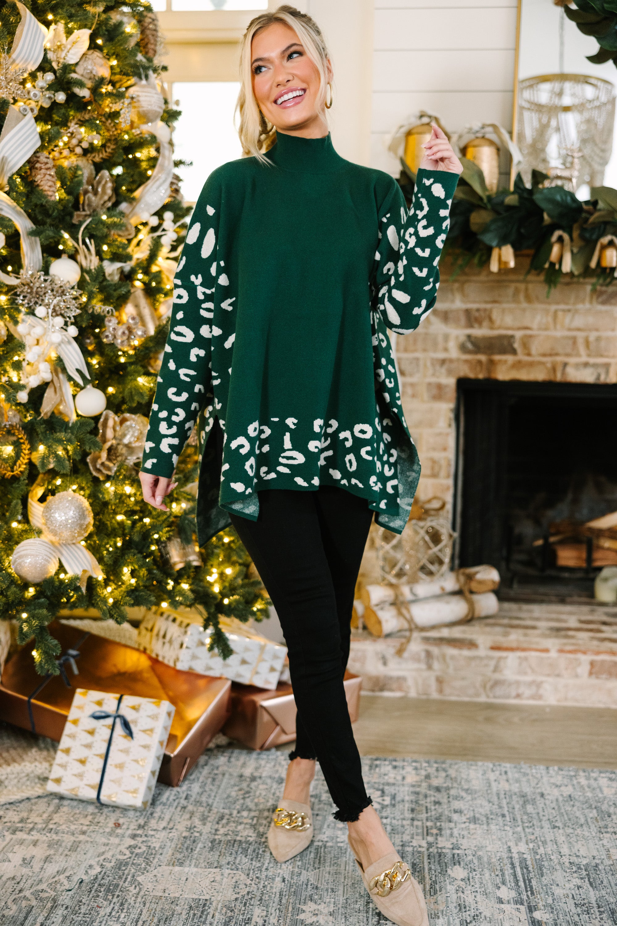 All In Theory Emerald Green Leopard Print Sweater Tunic - A Fashion Must-Have!