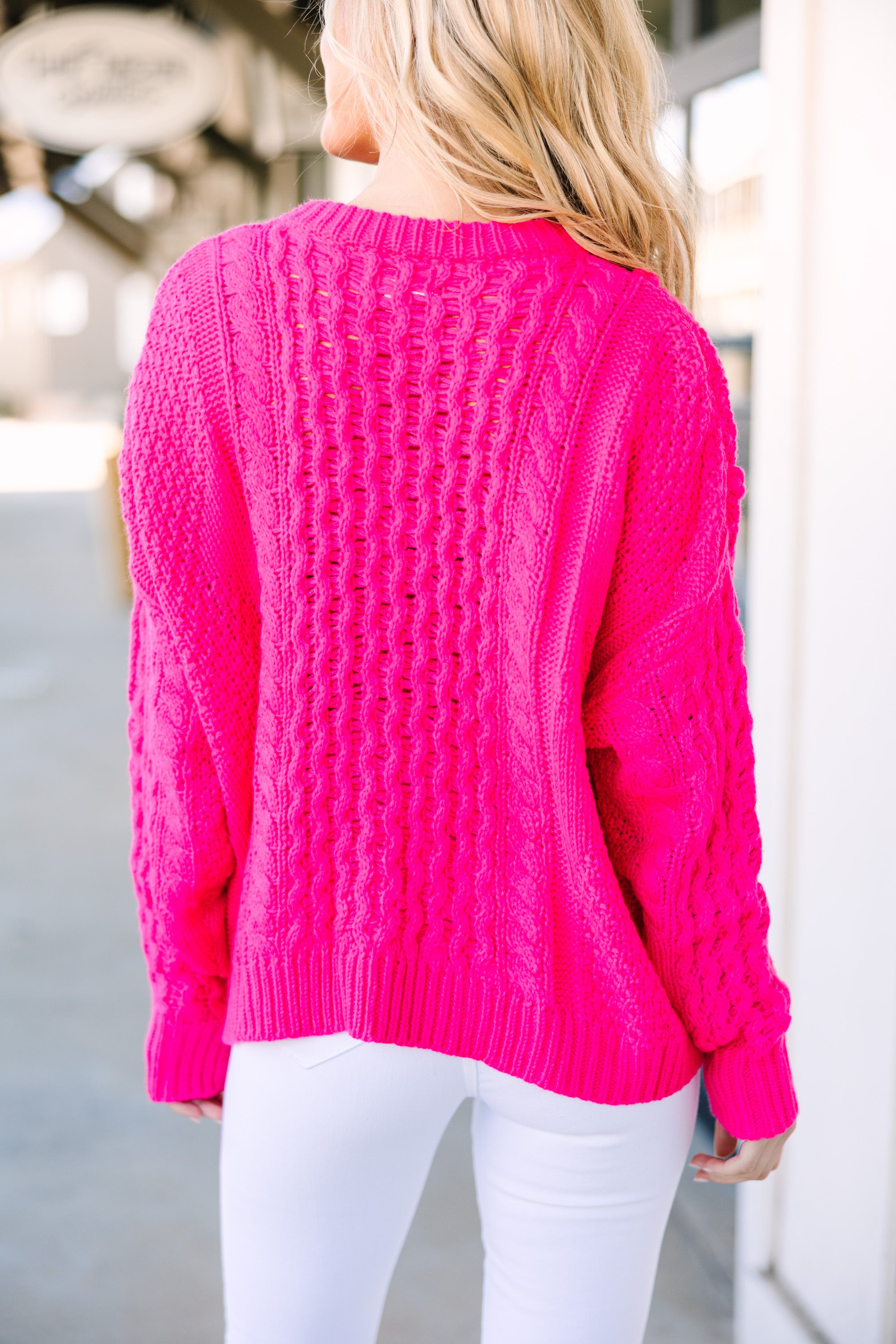 Unleash Your Best with Electric Pink Cable Knit Sweater