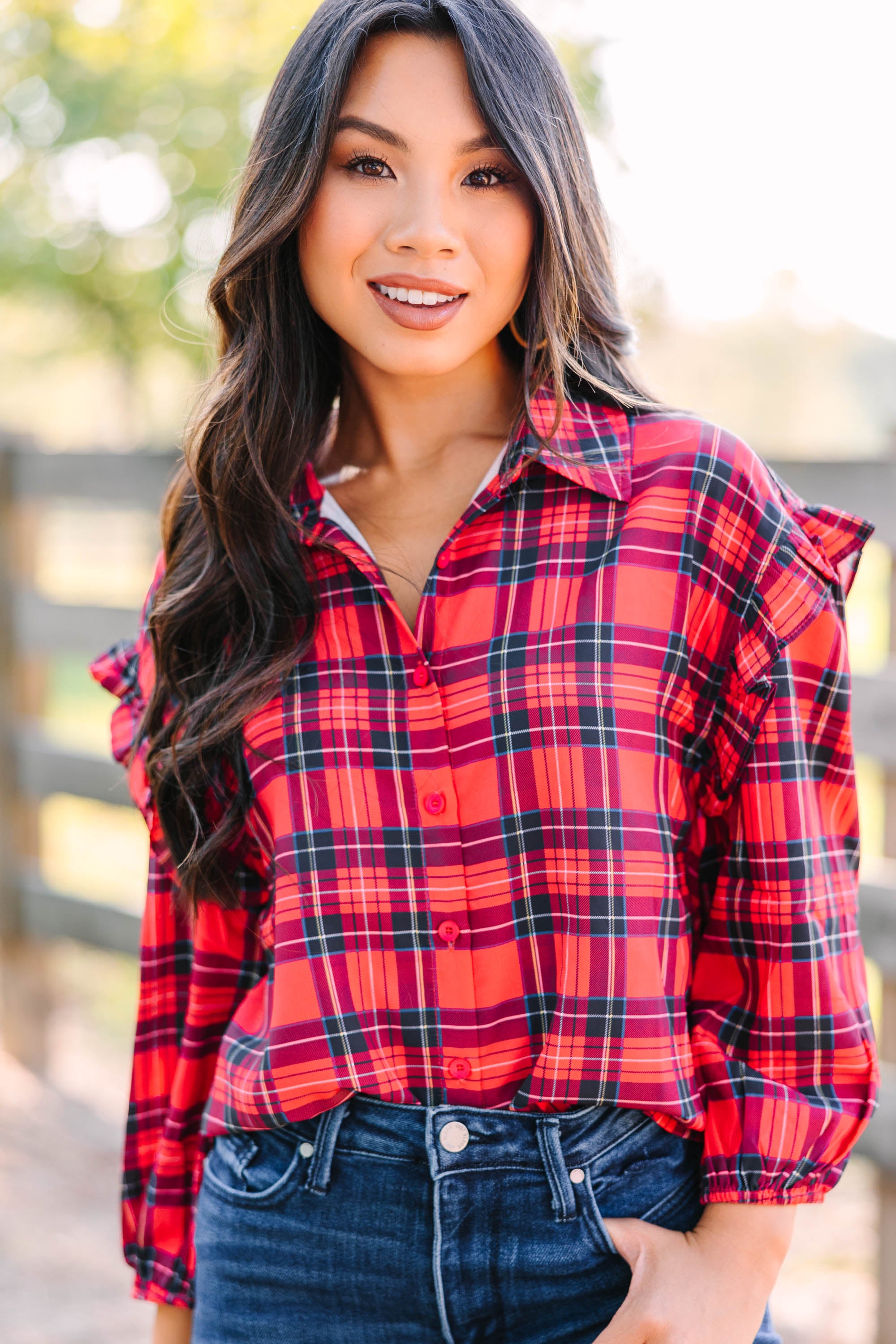 Gorgeous Red Plaid Ruffled Blouse - A Must-Have!